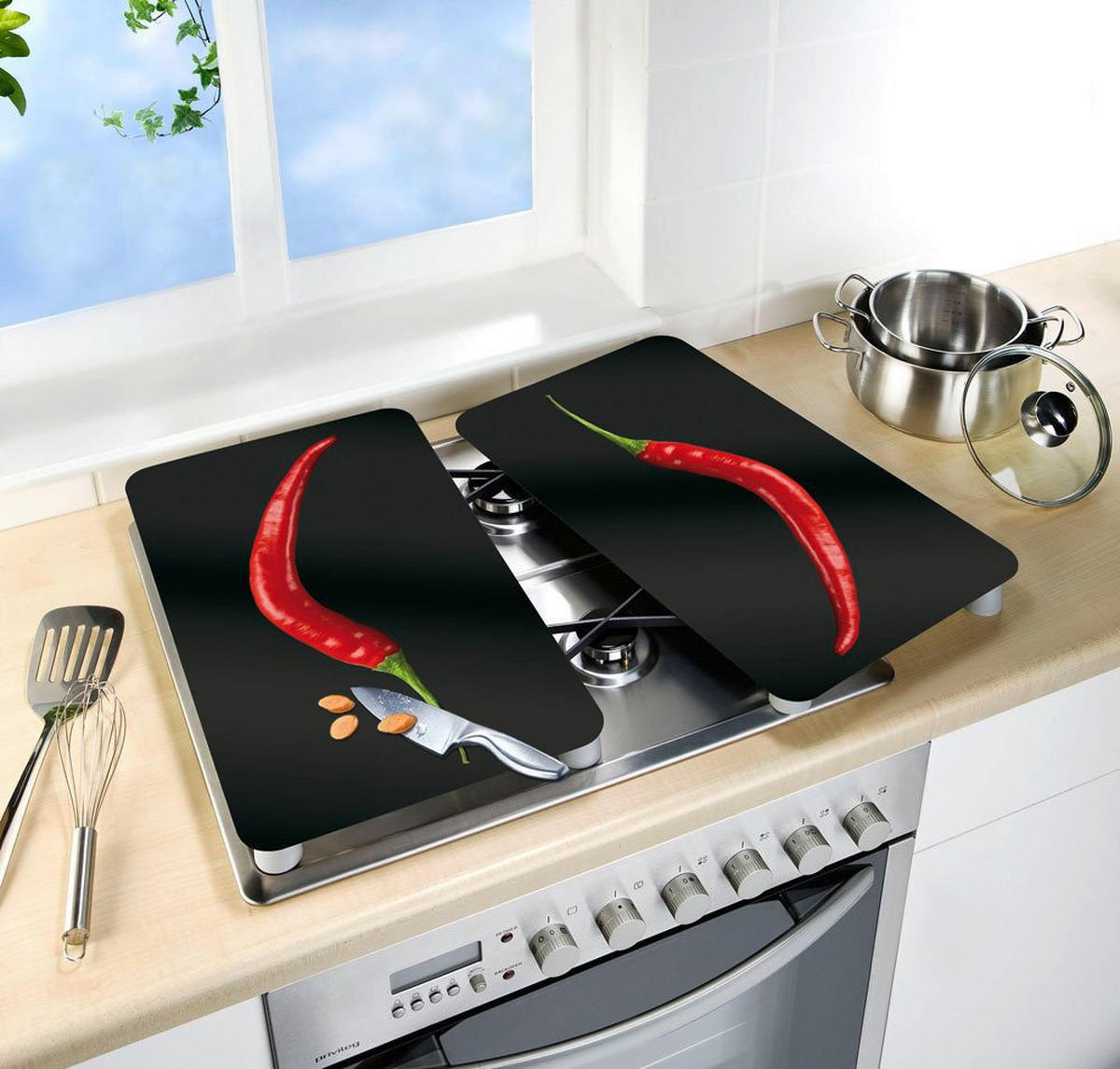 HERDSCHUTZPLATTEN 2 Stück Hot Chili 52/30/0,5 cm - Schwarz, Glas (30/0.5/52cm) - Wenko