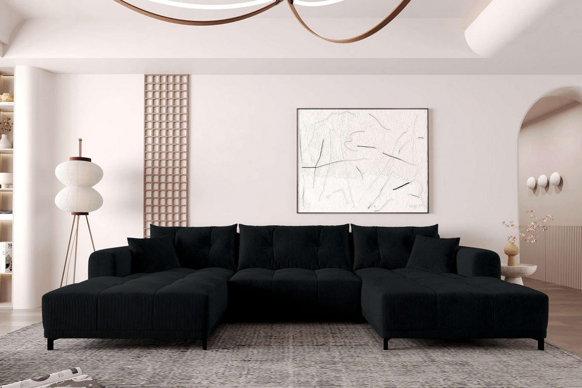 WOHNLANDSCHAFT Massimo Cordstoff Schwarz inkl. Schlaffunktion - Schwarz, Textil/Metall (356/94/181cm) - 99rooms