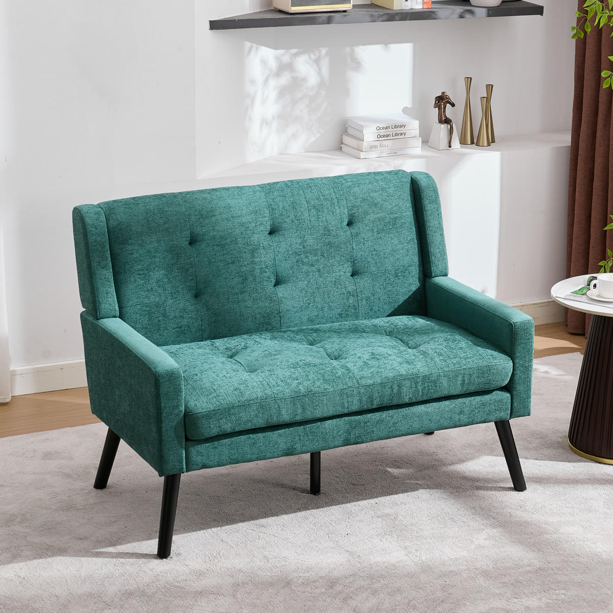 SITZBANK 2-Sitzer Leinenoptik mit Knopfheftung, Massivholzbeinen 119/75/88 cm Waldgrün - Waldgrün, Textil (75/88/119cm) - Redom