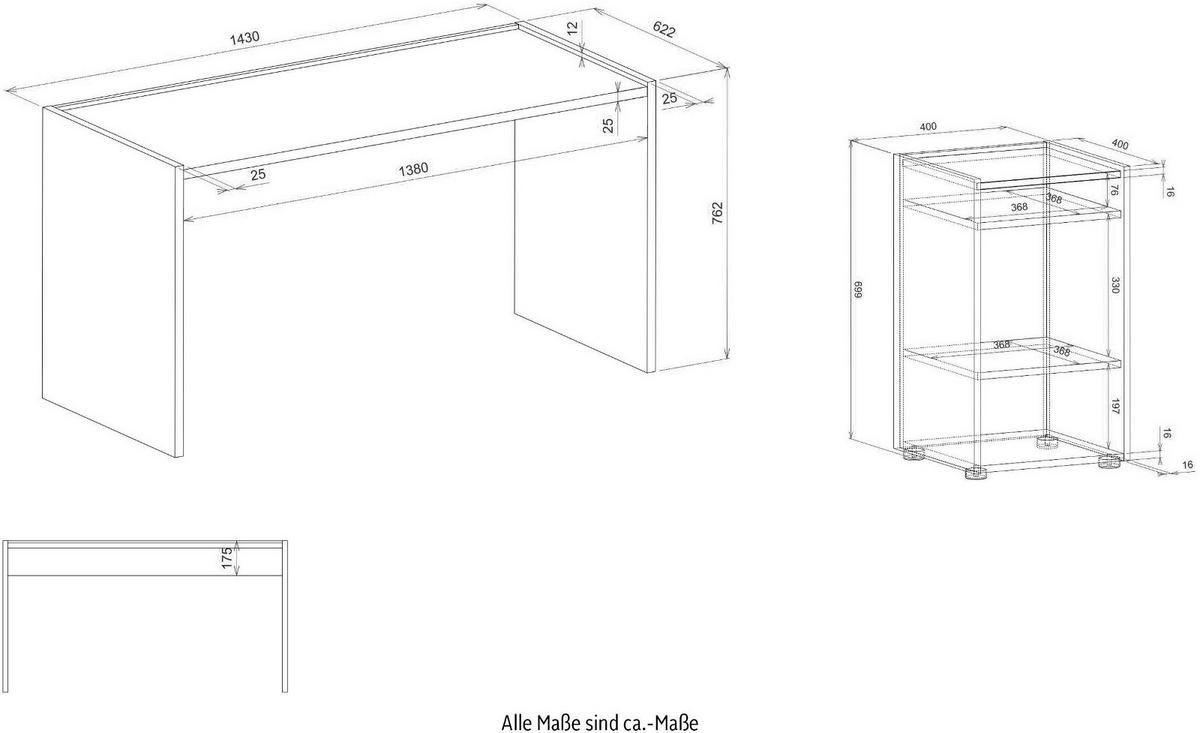 SCHREIBTISCHKOMBINATION 2-teilig weiß matt, Eiche Wotan 143 cm, Büromöbel Set mit Bürocontainer - Silberfarben/Eiche Wotan, Holzwerkstoff/Kunststoff (62/143/76cm) - Furn.Design
