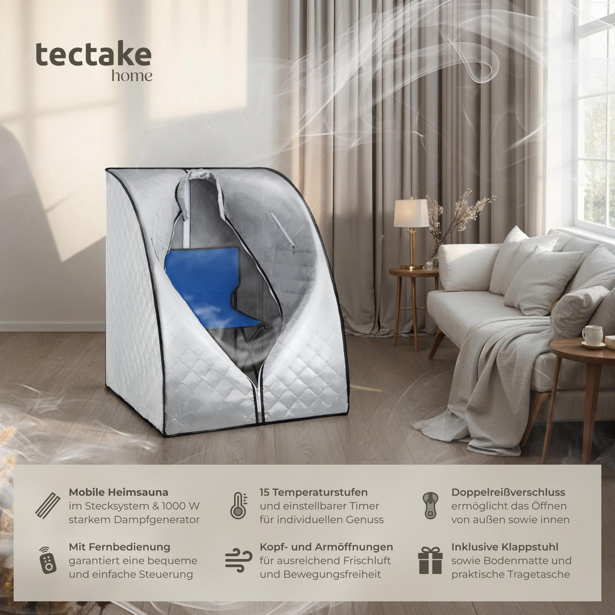 MOBILE DAMPFSAUNA Thermaluxe Ii,inkl. Fernbedienung, Matte, Klappstuhl und Tragetasche,grau/blau - Blau/Grau, Kunststoff (78/100/90cm) - tectake