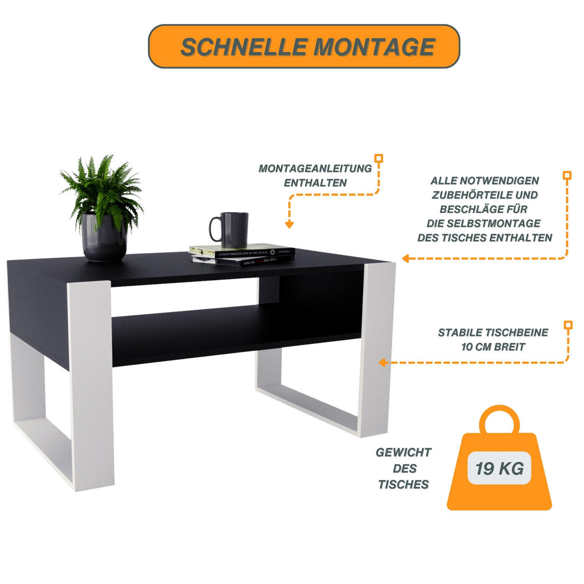 COUCHTISCH Holzwerkstoff rechteckig stabil Schwarz-Weiß 45/53,6/92cm - Schwarz/Weiß, Holzwerkstoff (53.6/92/45cm) - CraftPAK