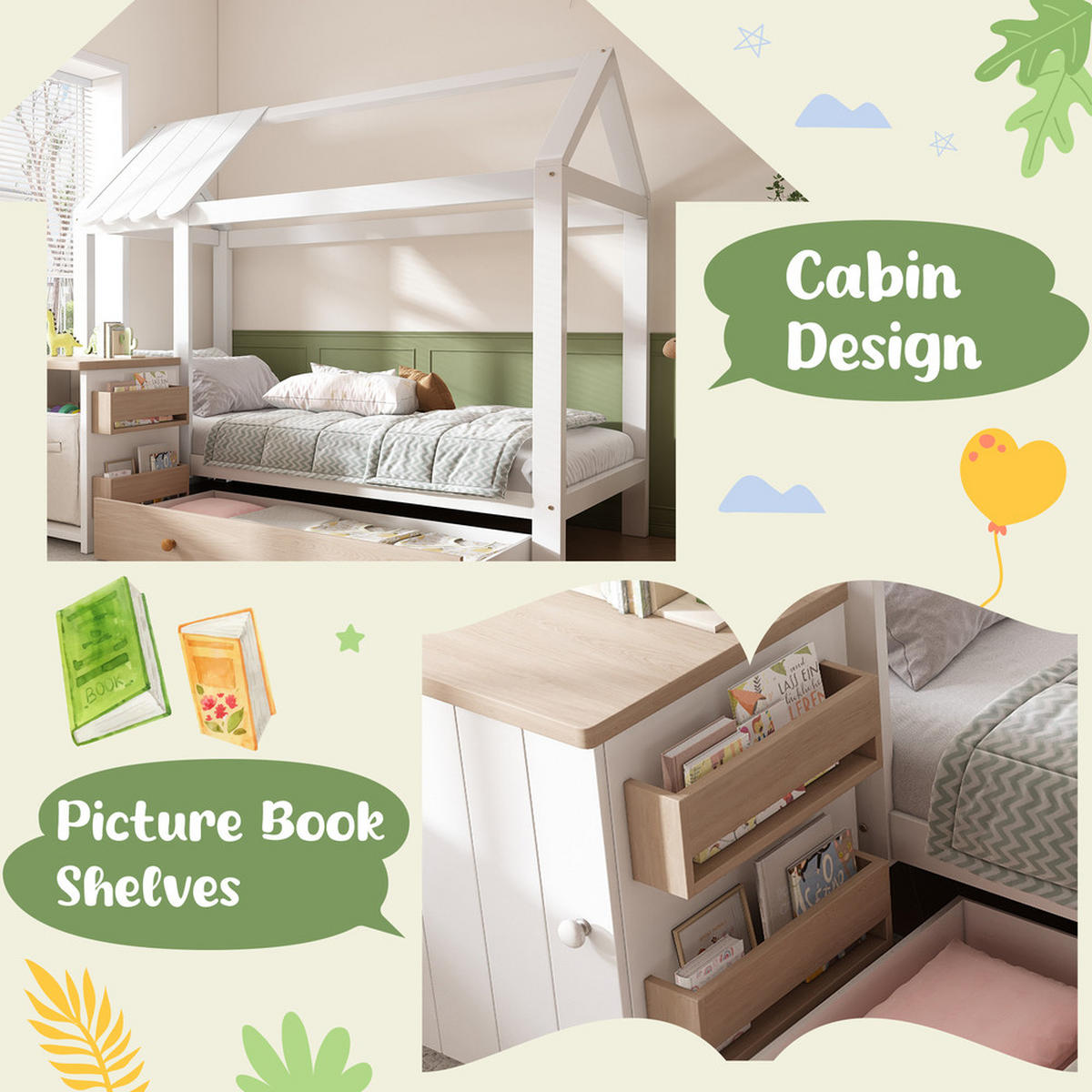 KINDERBETT 90X200 cm aus Massivholz mit Schubladen und Nachttischen - Eiche Bianco, Holz (90/200cm) - FLIEKS