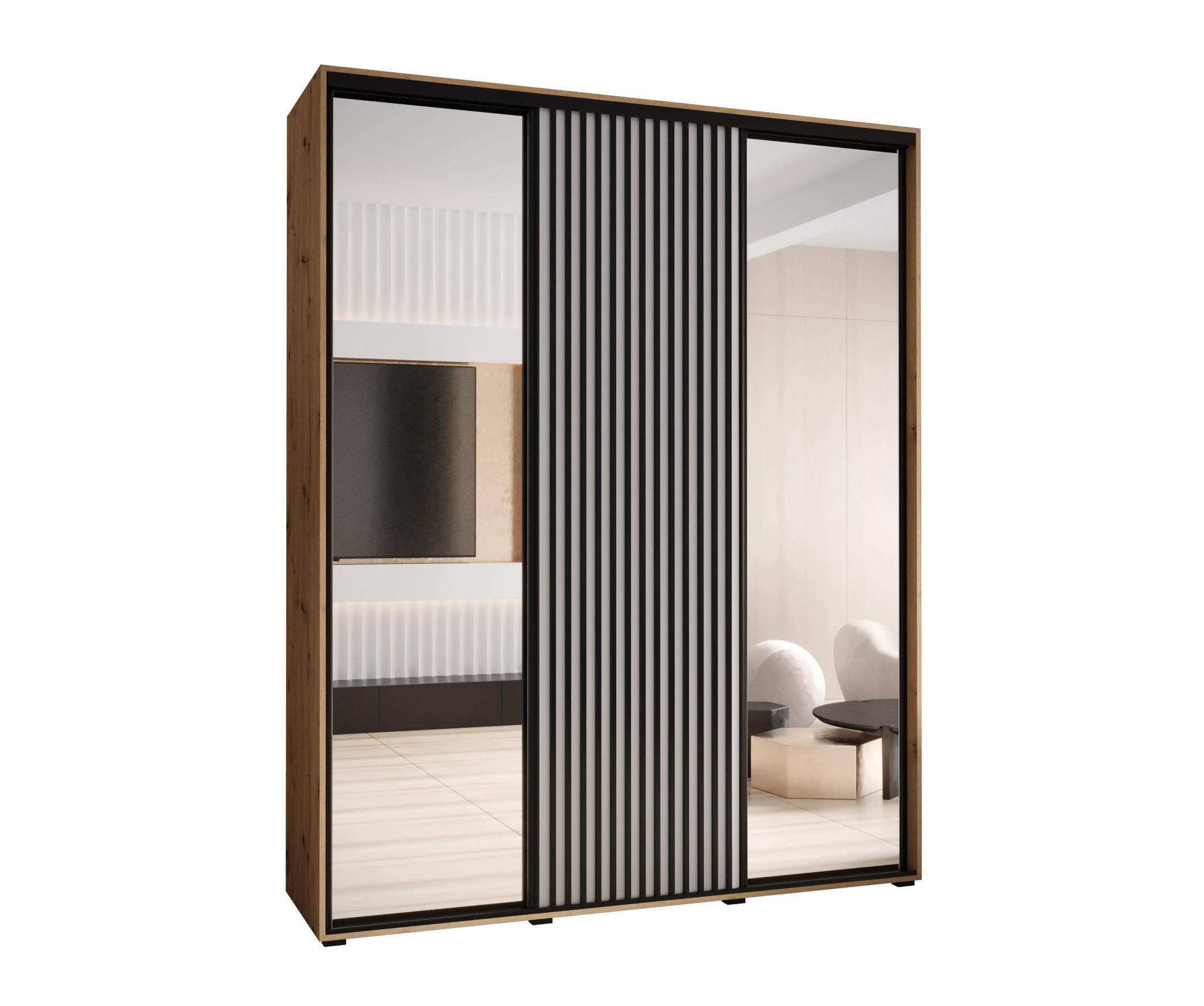 Abiks Möbel Schwebetürenschrank Eiche Artisan, Weiß, Schwarz 200x205.2x45 cm