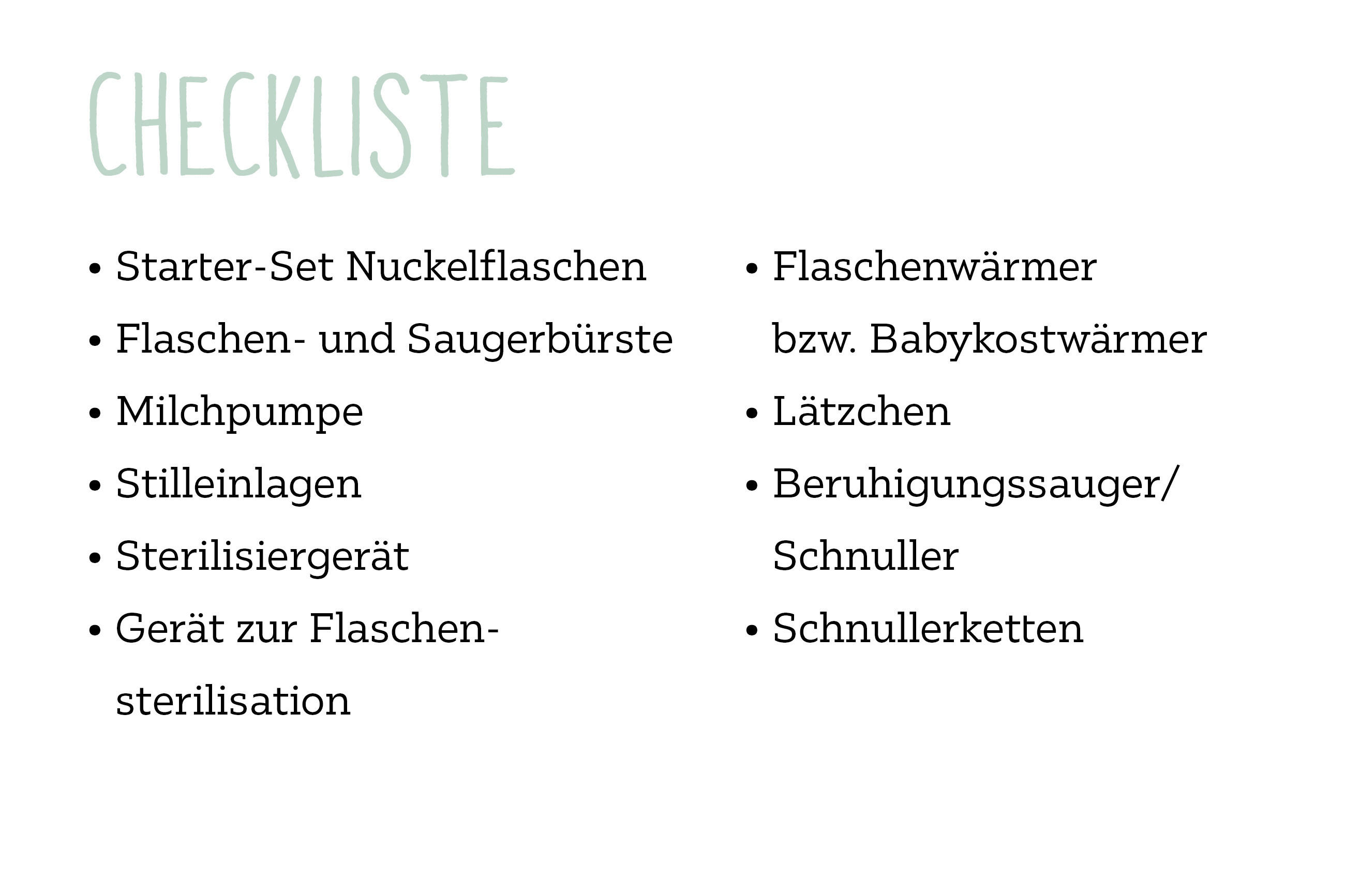 Checkliste mit Baby-Erstausstattung rund ums Füttern, darunter Flaschen, Milchpumpe, Sterilisiergerät und Schnuller