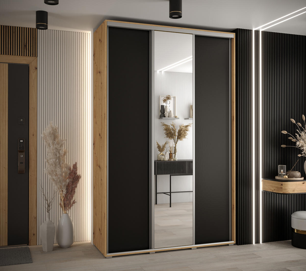 SCHWEBETÜRENSCHRANK 235,2/150/45 3-türig - Silberfarben/Schwarz, Holz/Metall (150/235/45cm) - Abiks Möbel