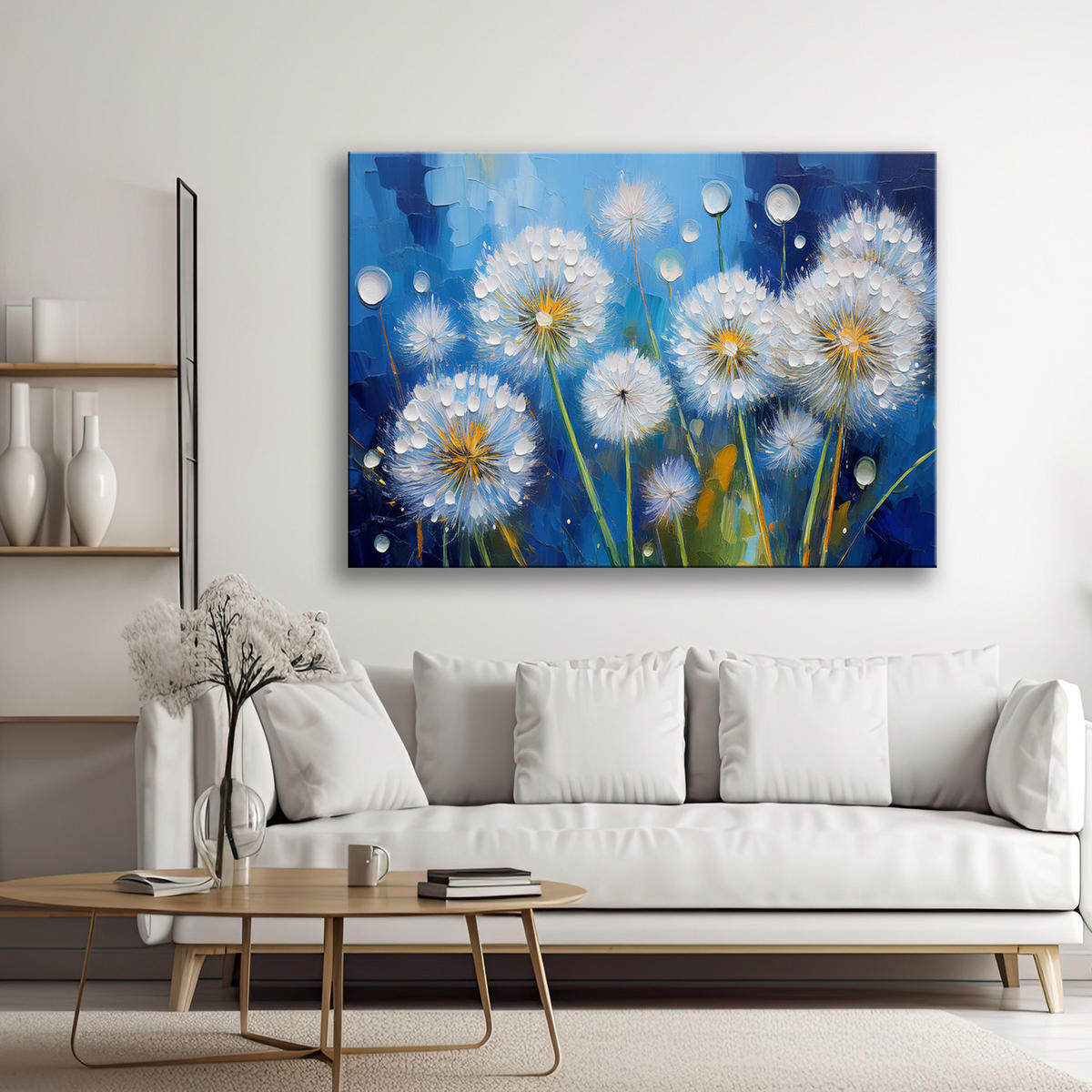 WANDBILD löwenzahn pflanzen blumen tautropfen - Blau, Textil (60/40cm) - Feeby