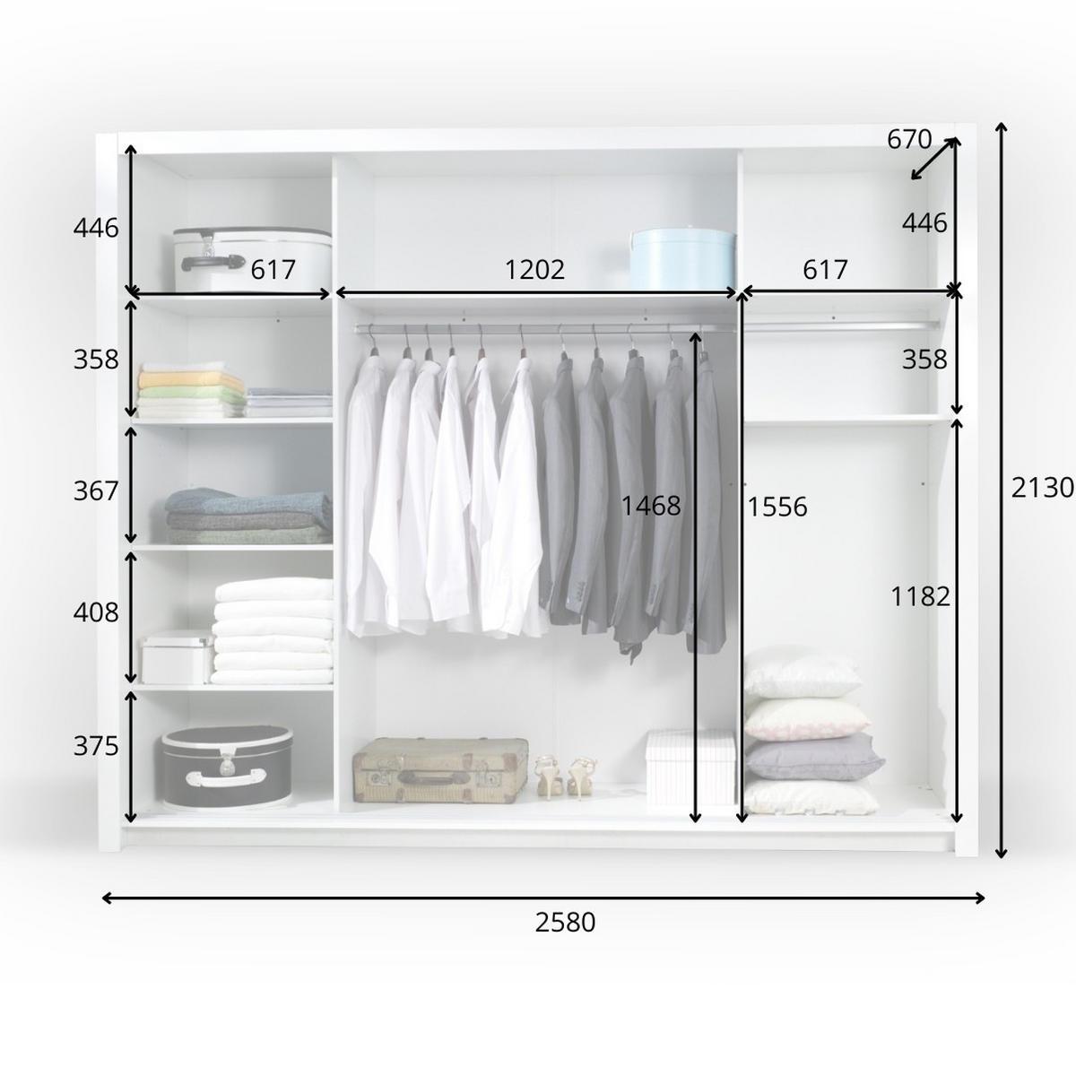 SCHWEBETÜRENSCHRANK ELDRI 258/212,5/67cm 3-türig mit Spiegel Weiß - Weiß, Holzwerkstoff (258/212.5/67cm) - MASSENO