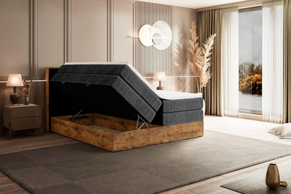 BOXSPRINGBETT mit Matratze H3|H4 und Lattenrost - LOLLI8 KING-160x200 - Schwarz Casablanca - Schwarz, Holzwerkstoff (160/200cm) - ALTDECOR