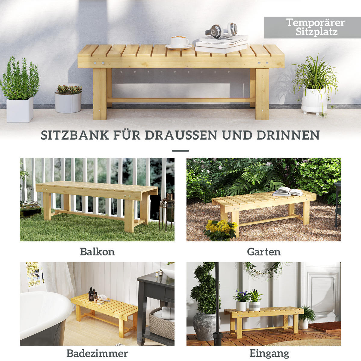 GARTENBANK, 2-Sitzer Sitzbank, Gartenmöbel, Rustikale Bank, Massivholz, Natur - Fichtefarben, Holz (38/35/110cm) - Outsunny