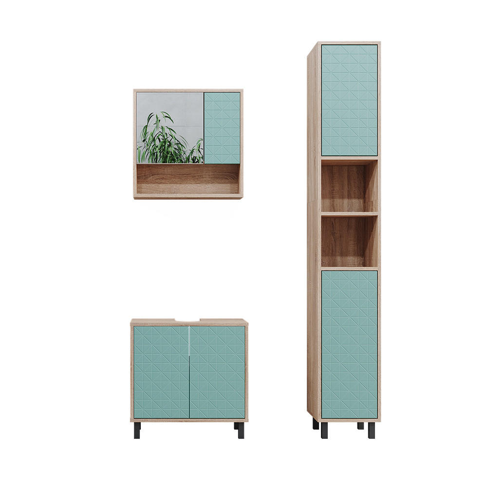 BADMÖBEL-SET Agasta Mintgrün 3 Teile, mit Hochschrank - Mintgrün/Sonoma Eiche, Holzwerkstoff (56/57/28cm) - Vicco