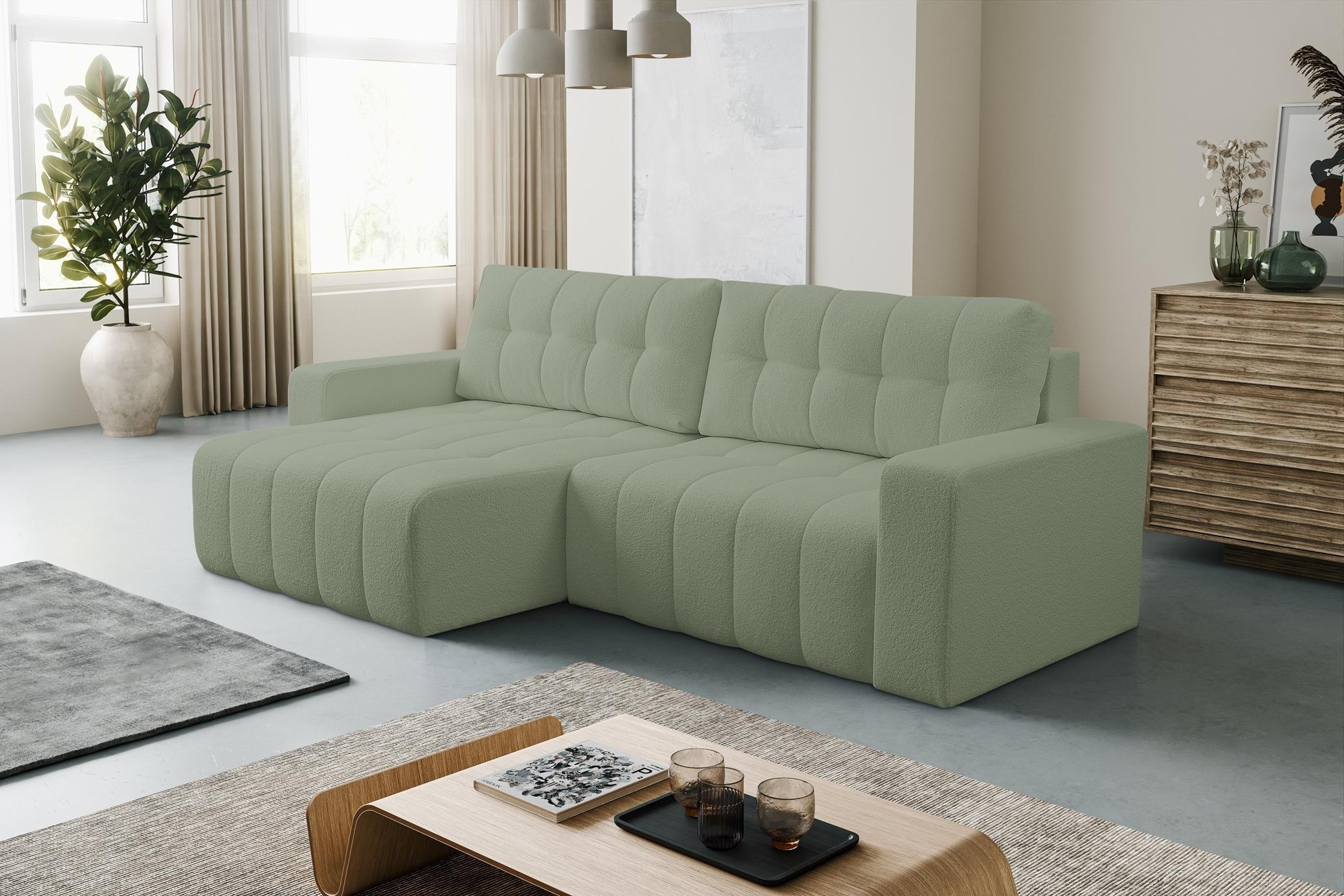 ECKSOFA Masina Hellgrün, Schlafsofa aus Veloursstoff - Hellgrün, Holzwerkstoff (245/143cm) - Bettso