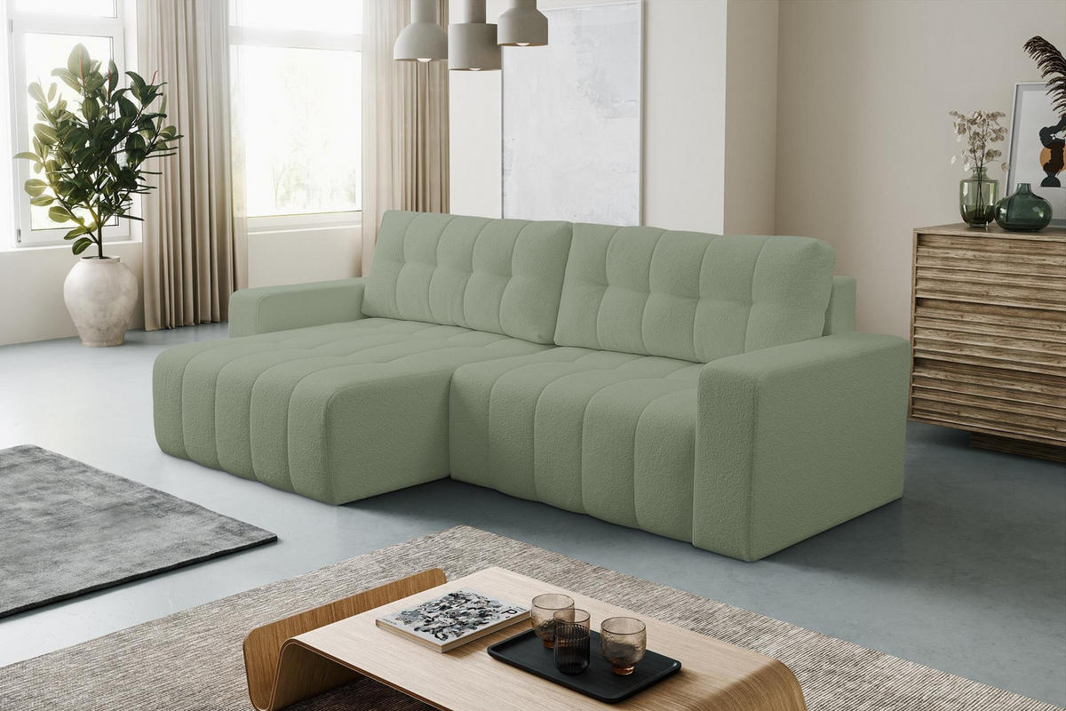 ECKSOFA Masina Hellgrün, Schlafsofa aus Veloursstoff - Hellgrün, Holzwerkstoff (245/143cm) - Bettso
