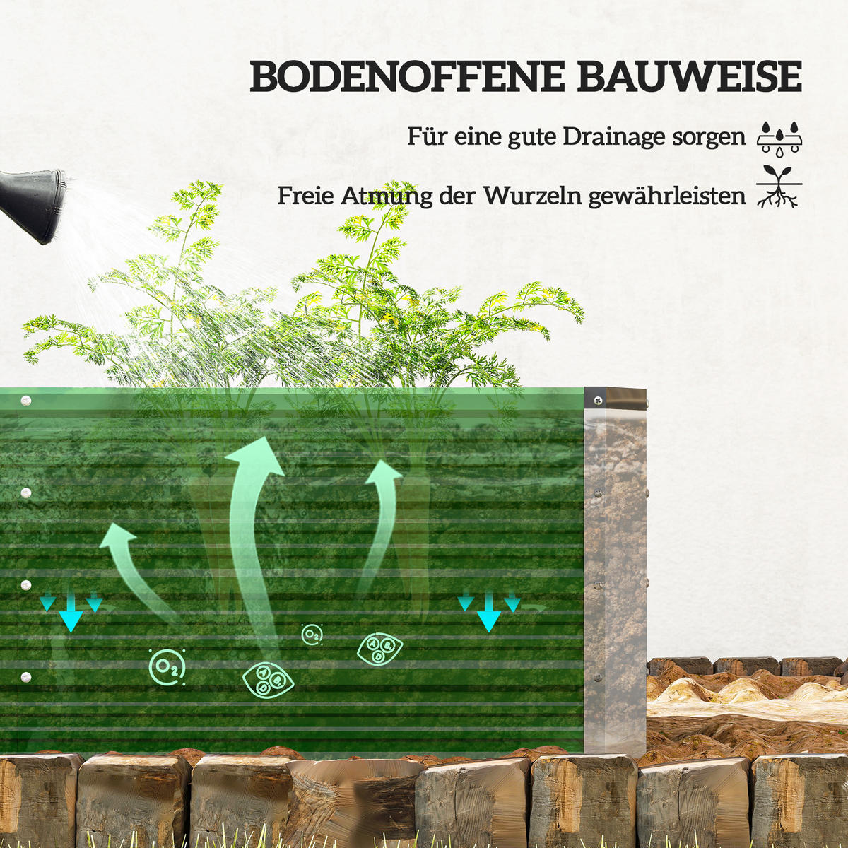 HOCHBEET, Metall offener Boden, separate Pflanzbereiche, 125x47x44cm, Grün - Multicolor, Holzwerkstoff (125/44/47cm) - FORIOUS