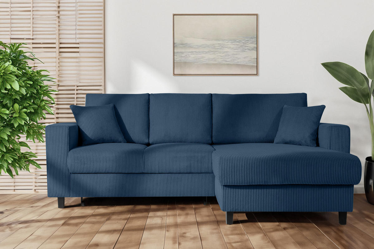 ECKSCHLAFSOFA EGRET Rechts mit Bettkasten, Cord-Stoff, marineblau - Blau/Grün, Textil (234/90cm) - KONSIMO®