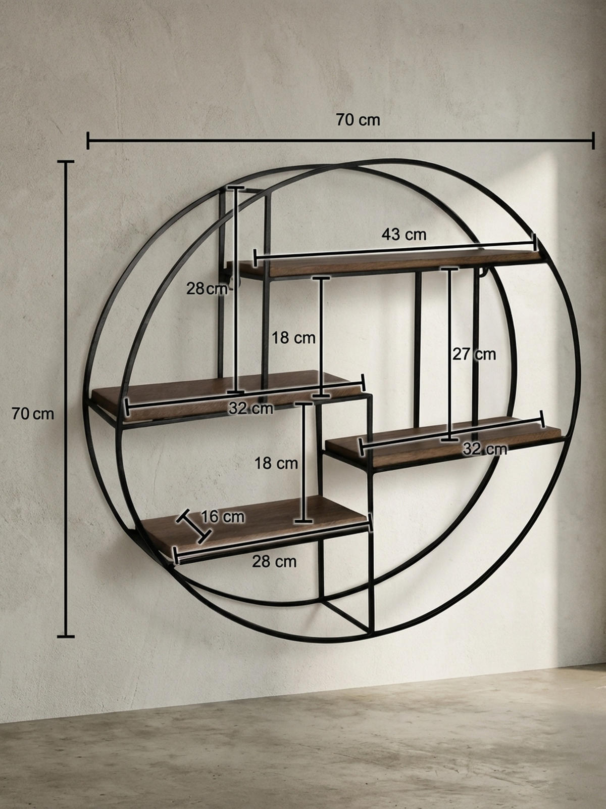 WANDREGAL Mango Massivholz Metall Industrial Stil 70x70x18 cm Rund - Schwarz/Braun, Holz/Metall (70/70/18cm) - KADIMA DESIGN