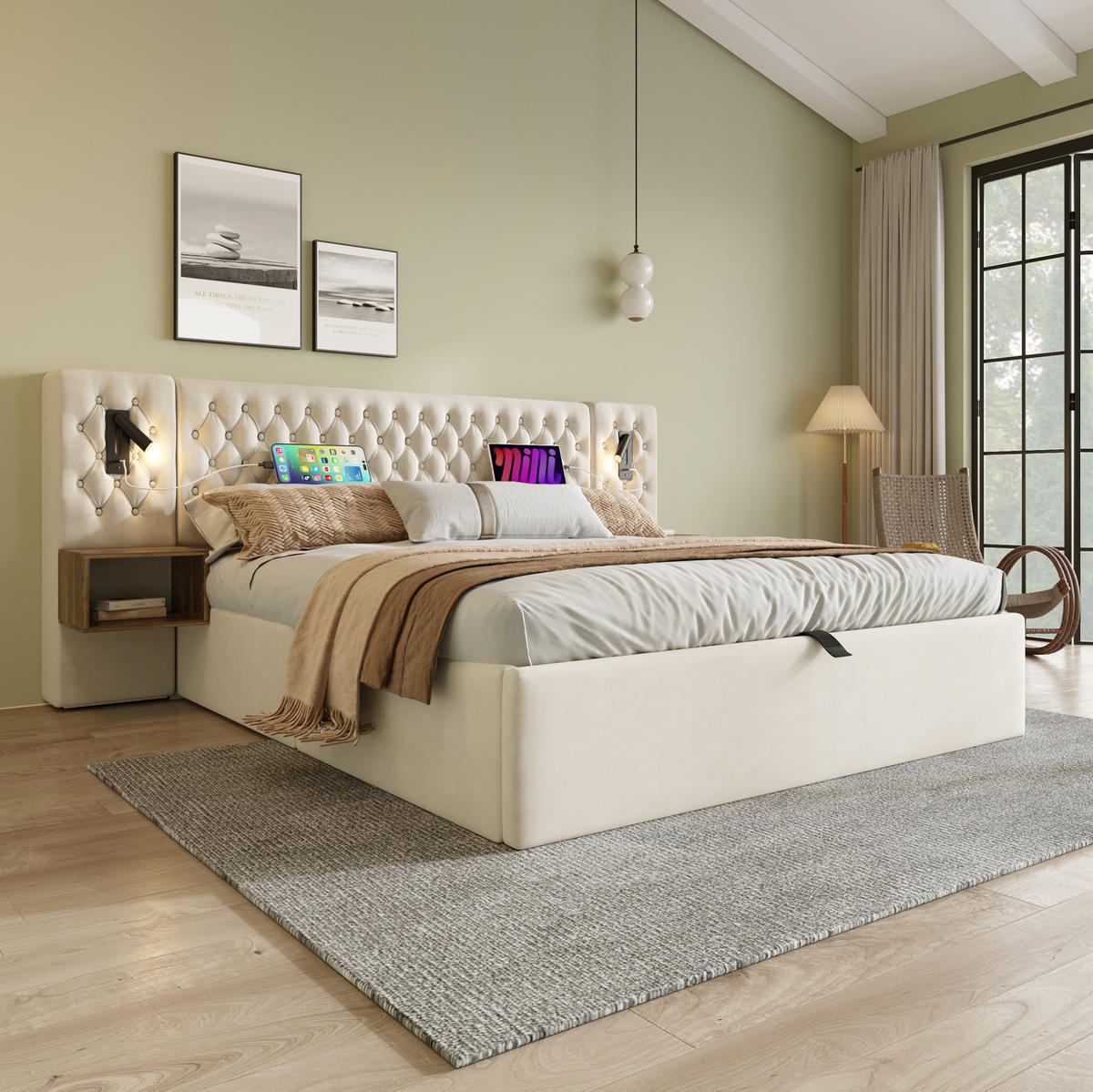 ČALOUNĚNÁ postel 160/200 cm béžová ze sametu s úložným prostorem a 2 nočními stolky - béžová, textil (160/200cm) - OKWISH