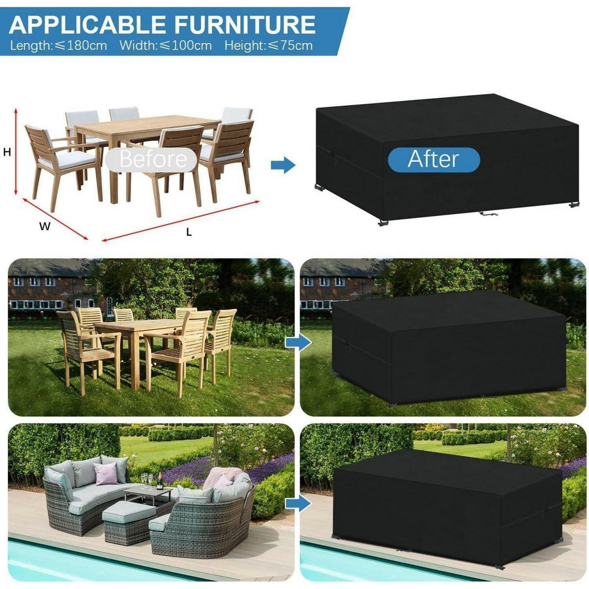 GARTENMÖBEL Abdeckung 180 x 100 x 75 cm Wasserdicht - Schwarz, Kunststoff (1/1/1cm)