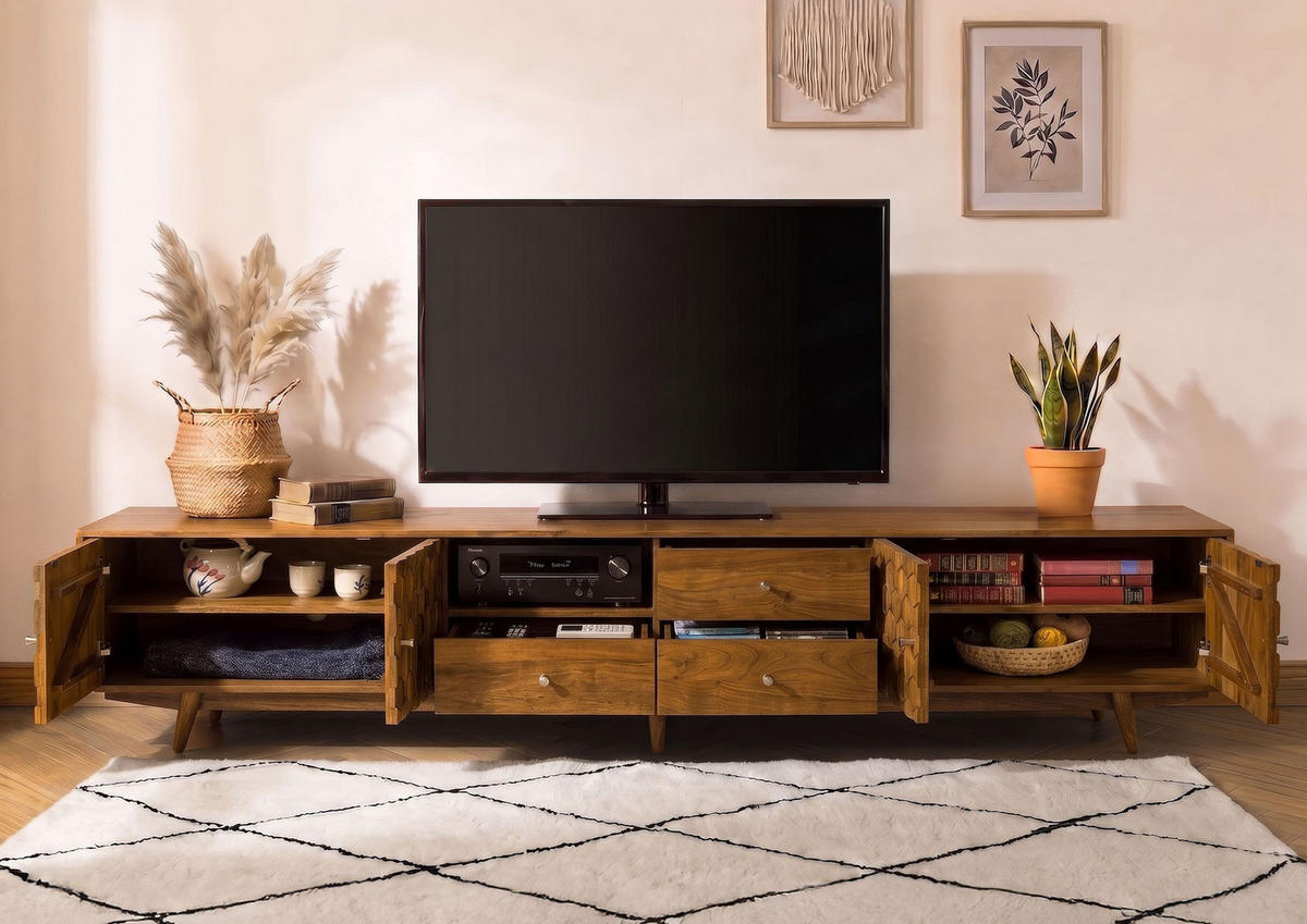 TV-BOARD Akazie 260x40x49 natur lackiert MOSAYK #118 - Naturfarben, Holz (260/49/40cm) - Massivmoebel24