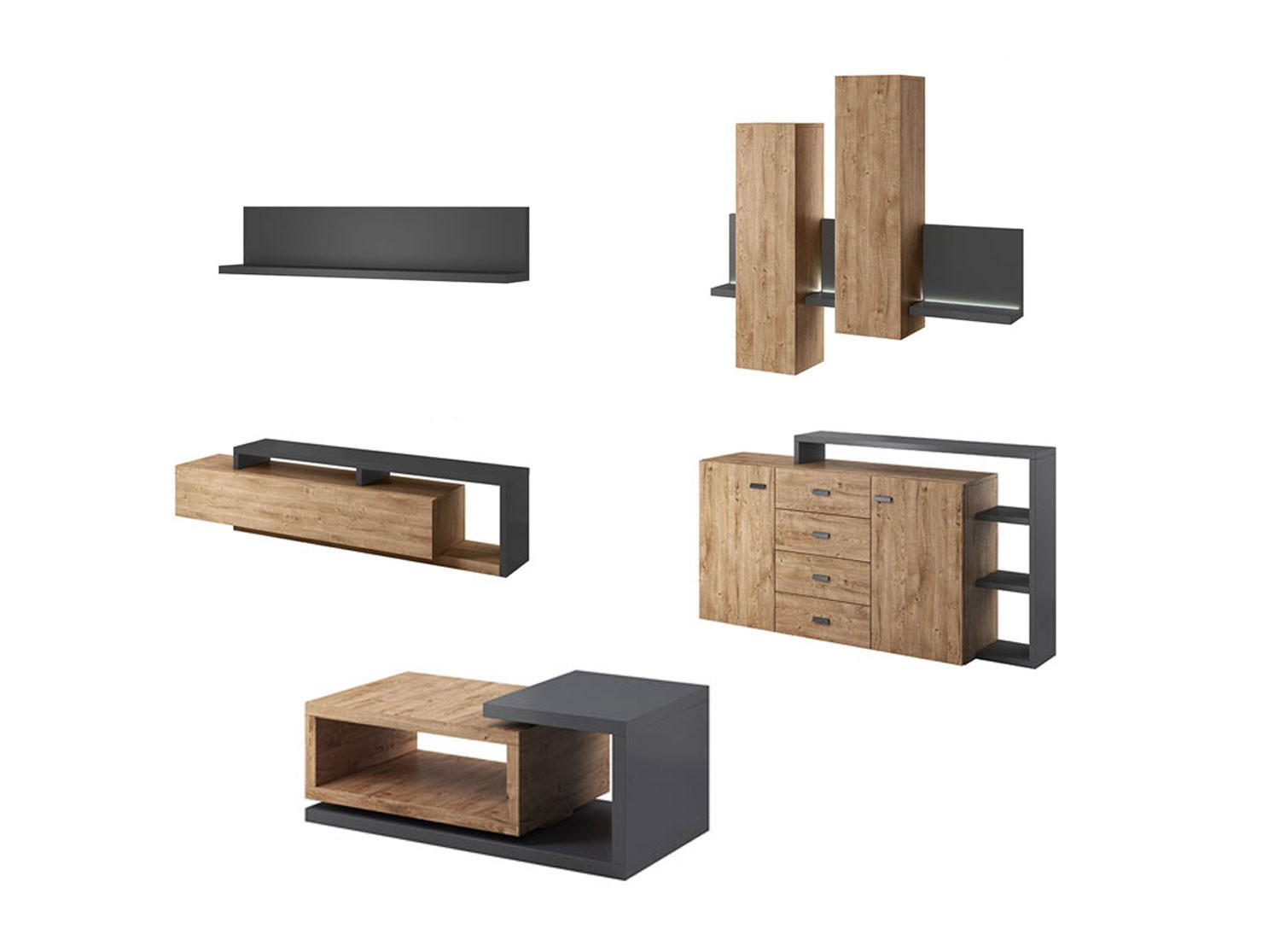 WOHNZIMMER-SET Bota anthrazit / ribbeck eiche 821 cm / 60 cm / 142 cm - Eichefarben/Braun, Holz/Holzwerkstoff (821/142/60cm) - Feldmann-Wohnen