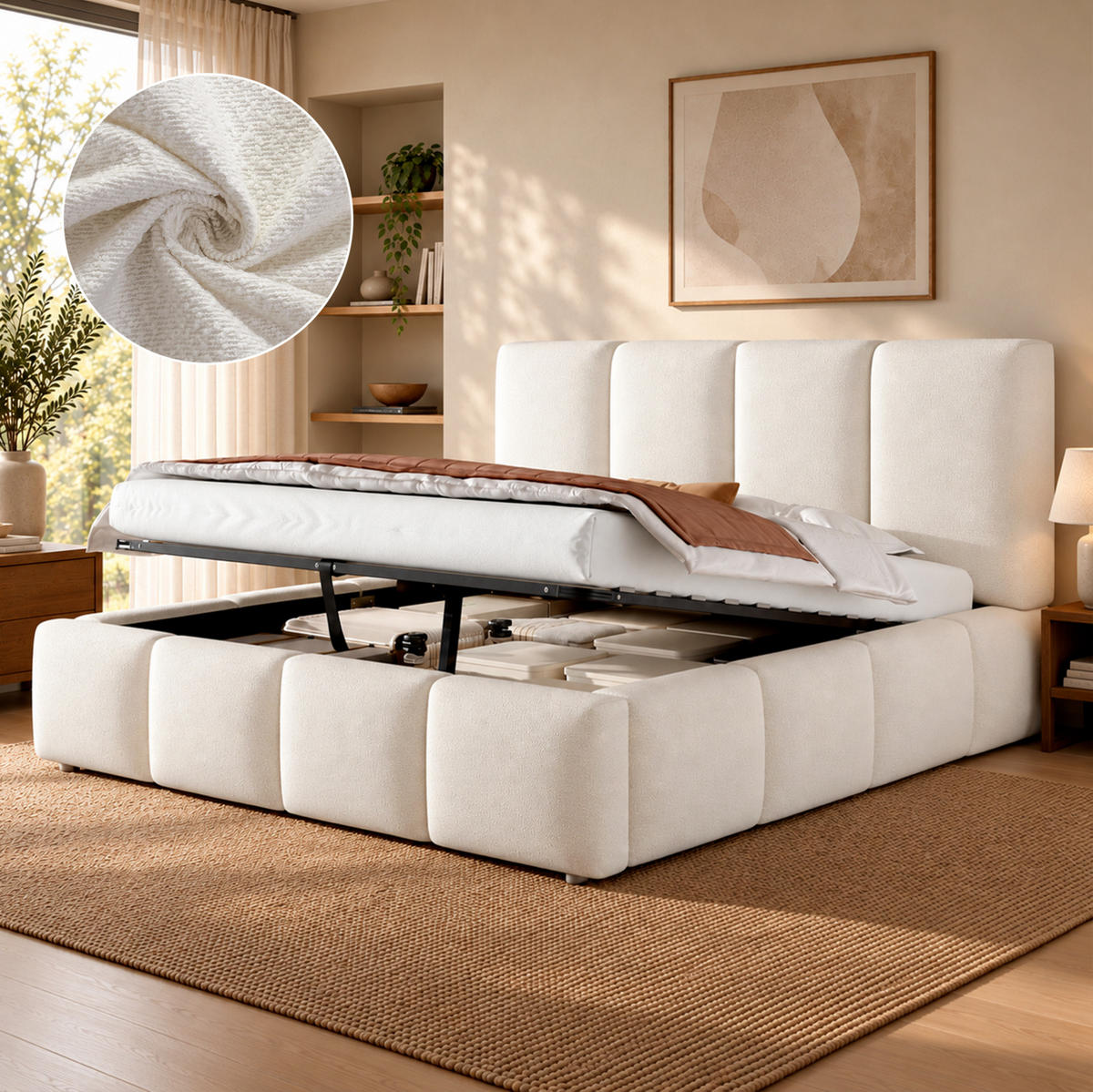 POLSTERBETT mit Bouclé-Bezug 180x200 cm Weiß mit hydraulischem Bettkasten und Lattenrost - Weiß, Textil (180/200cm) - Modfu