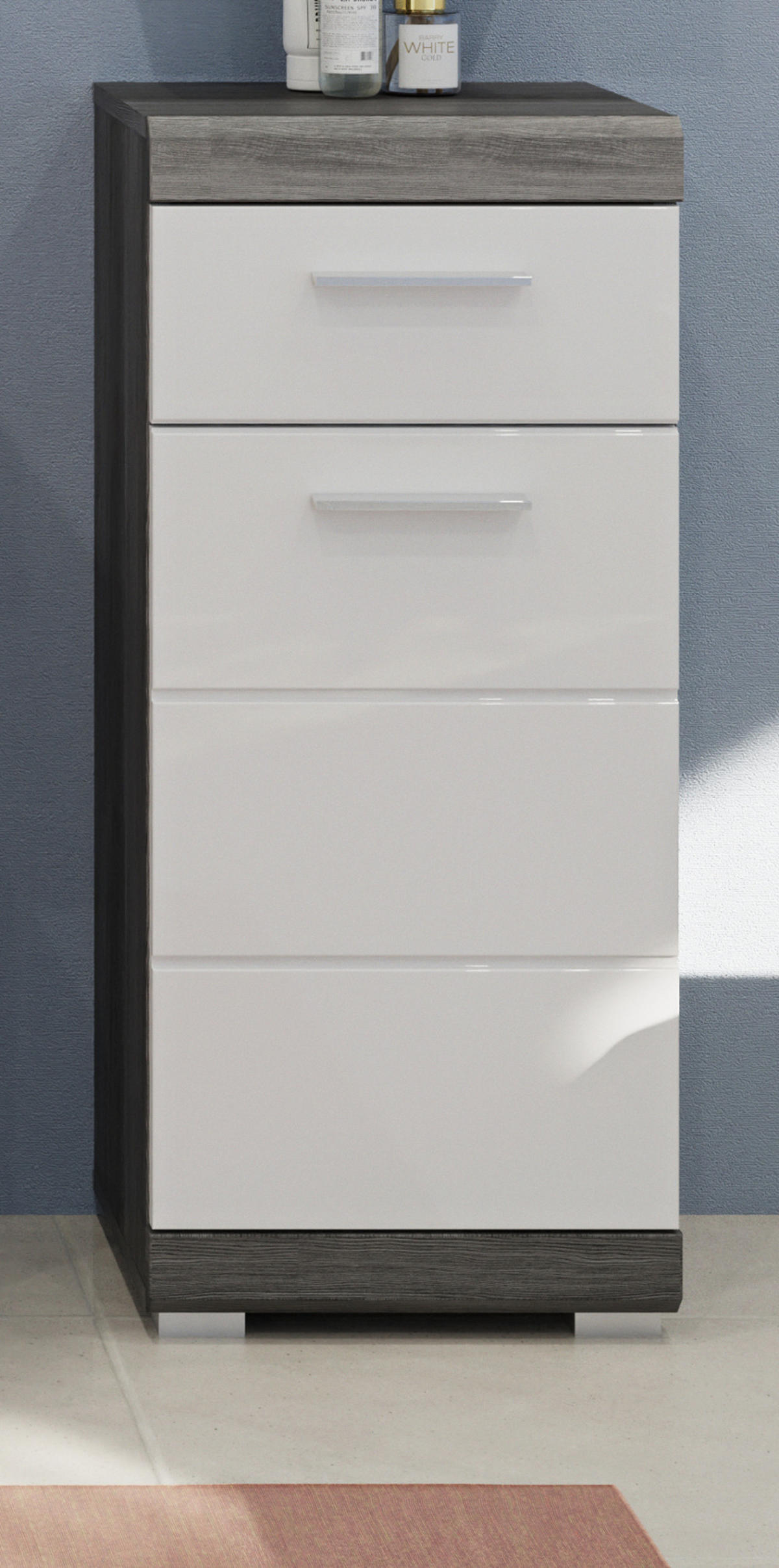 KOMMODE weiß Hochglanz, grau 88 cm, Badkommode mit Vollauszug - Chromfarben/Weiß Hochglanz, Holzwerkstoff/Kunststoff (37/88/31cm) - Inn.Furn