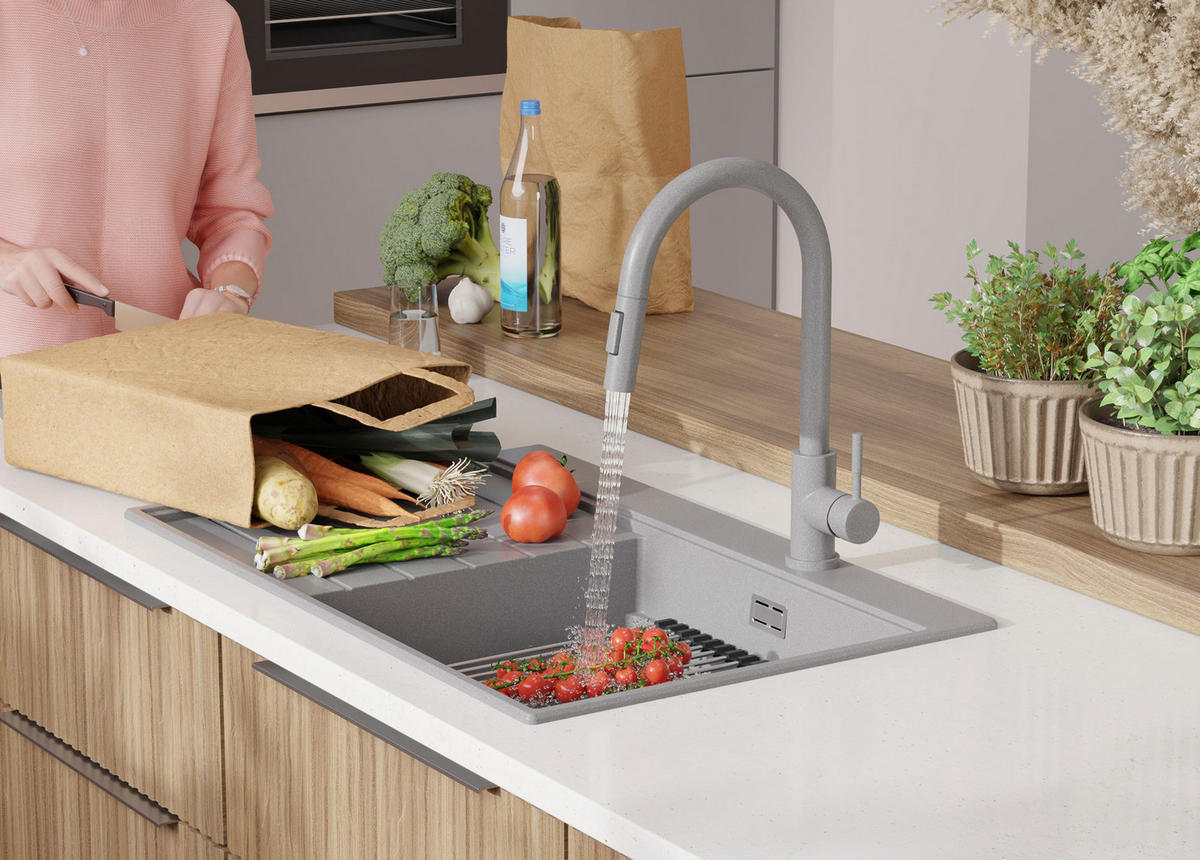 SPÜLBECKEN Sydney, 2-er set Grau 78/50 cm 1 Becken + Ablauf-Set + Küchenzubehörset ab 50er Unterschrank - Chromfarben/Beige, Kunststoff (78/20/50cm) - Primagran