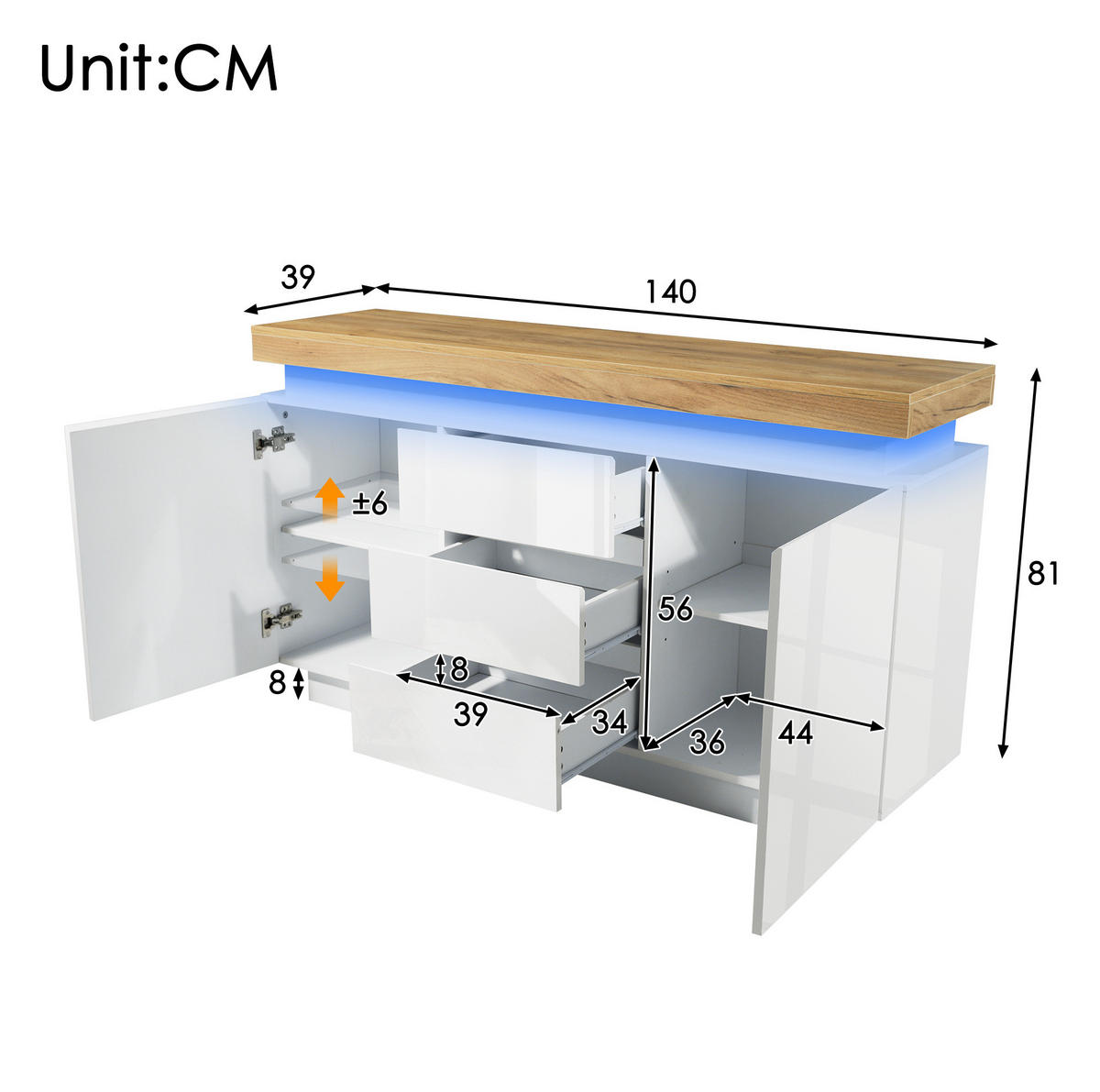 KOMMODE aus Spanplatte und MDF 39x140x81 cm Weiß mit LED-Beleuchtung, 2 Türen, 3 Schubladen und verstellbaren Einlegeböden - Weiß, Holzwerkstoff (140/81/39cm) - Modfu