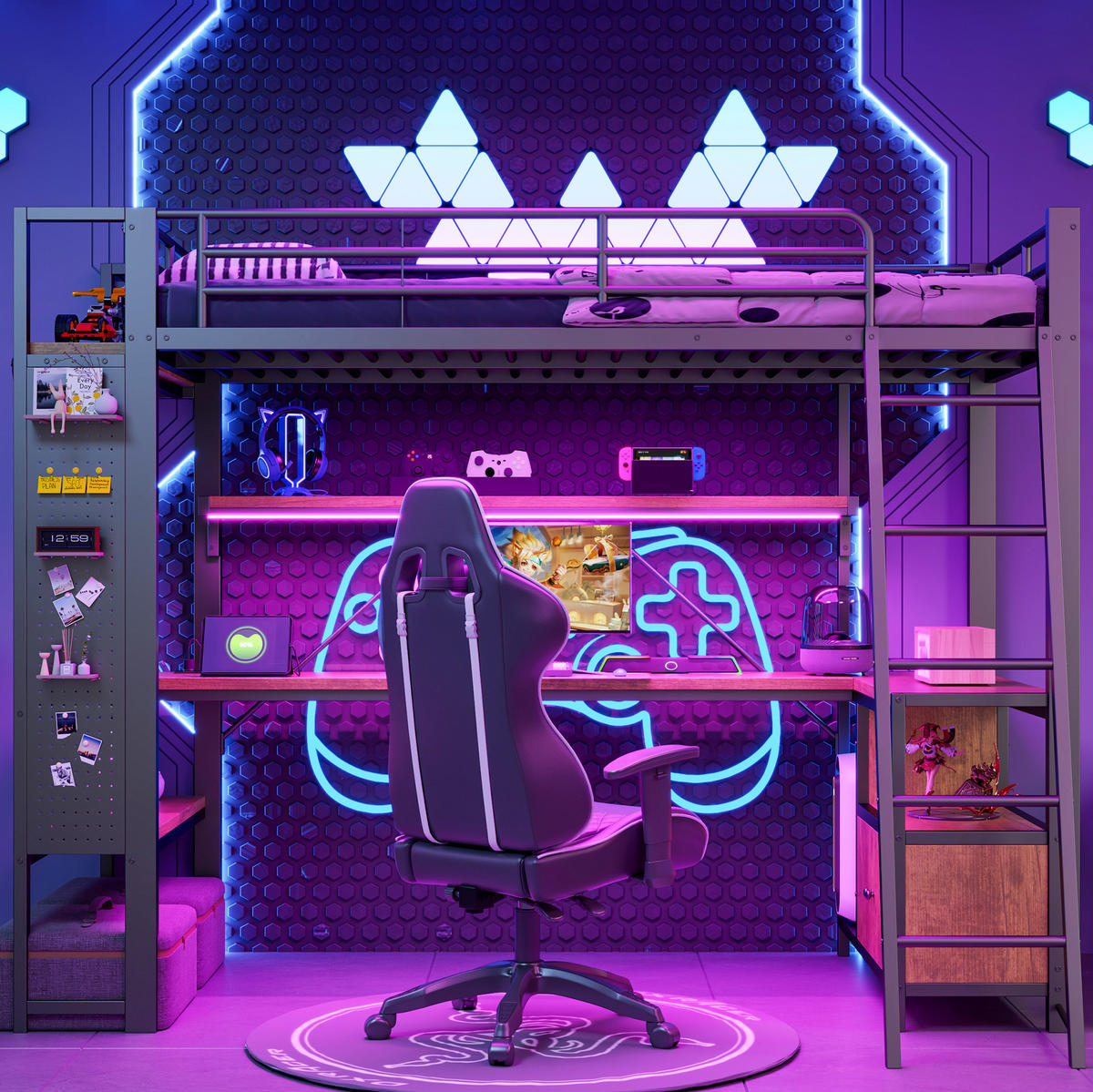 HOCHBETT 90/200 cm schwarz aus Metall und MDF mit LED, Schreibtisch und Stauraum - Schwarz, Metall (90/200cm) - OKWISH