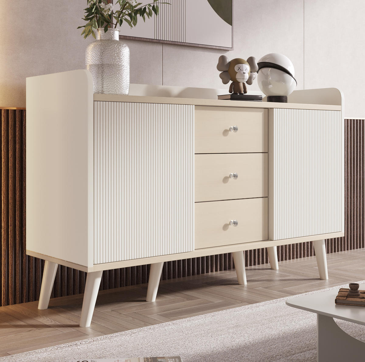 SIDEBOARD 117,5/39,5/79 cm mit 2 Schiebetüren & 3 Schubladen in Weiß/Holz - Weiß, Holzwerkstoff (117/80/70cm) - BEAOK