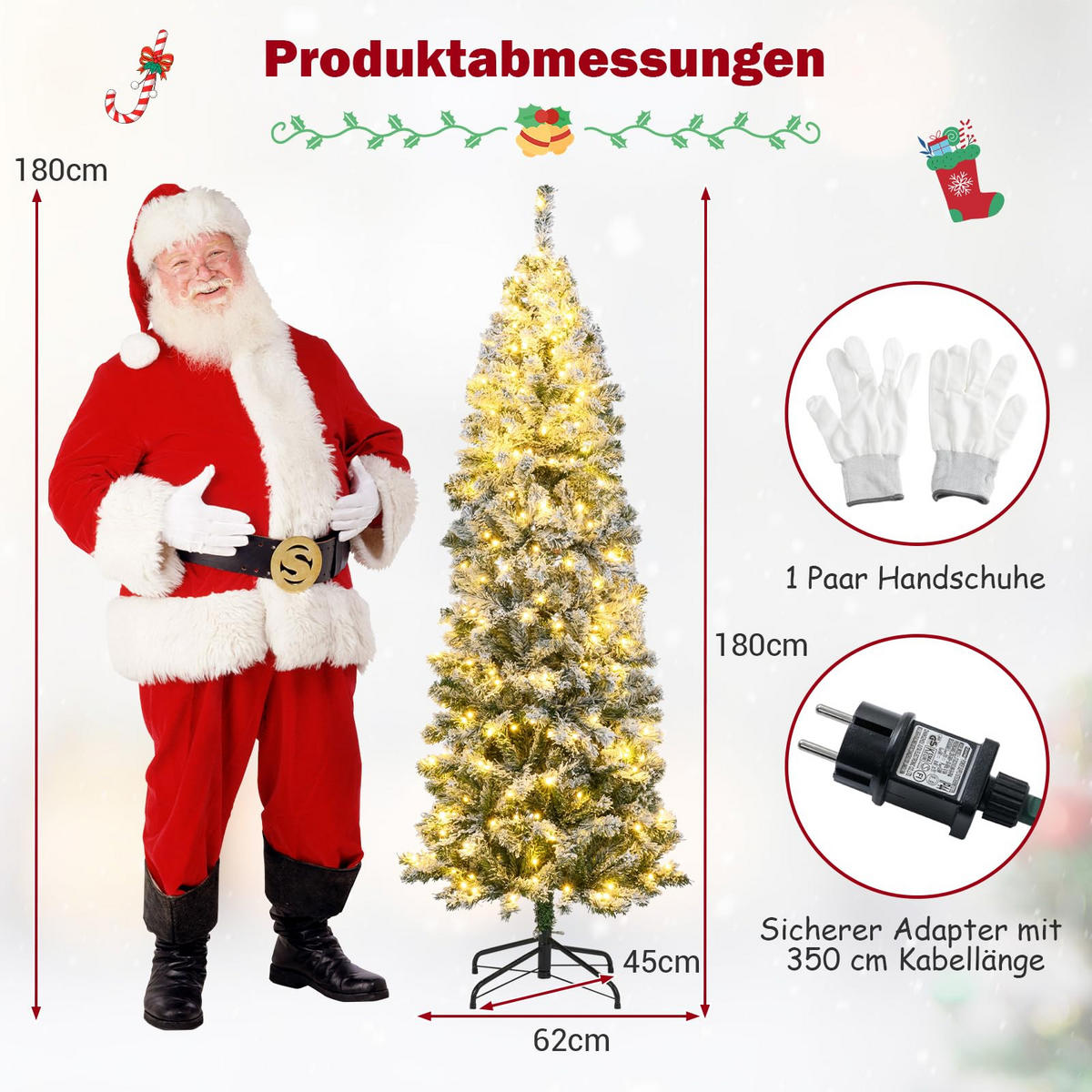WEIHNACHTSBAUM mit Beleuchtung und Schnee 180 cm grün - Grün, Metall (180cm) - COSTWAY