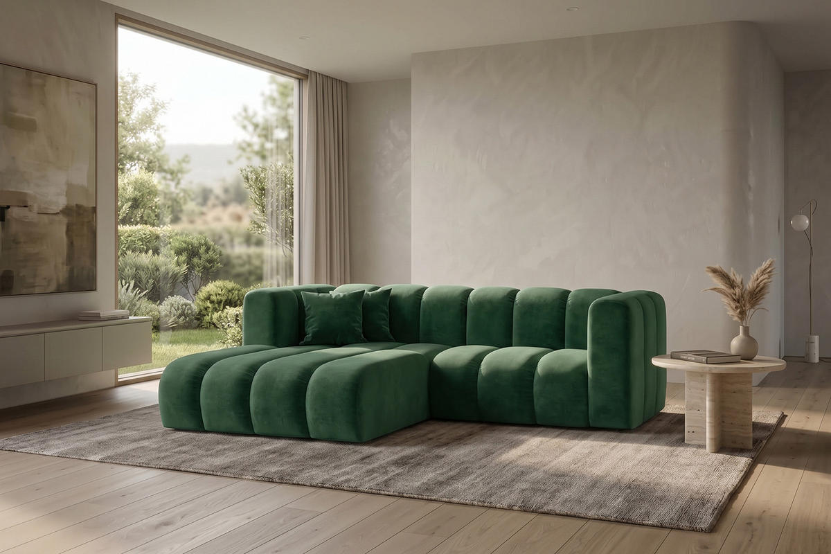 ECKSOFA Modulares In L-Form, Velvet-Stoff Riviera, Grün, Links, GRAND - Grün, Holz (227/179cm) - Kaiser Möbel