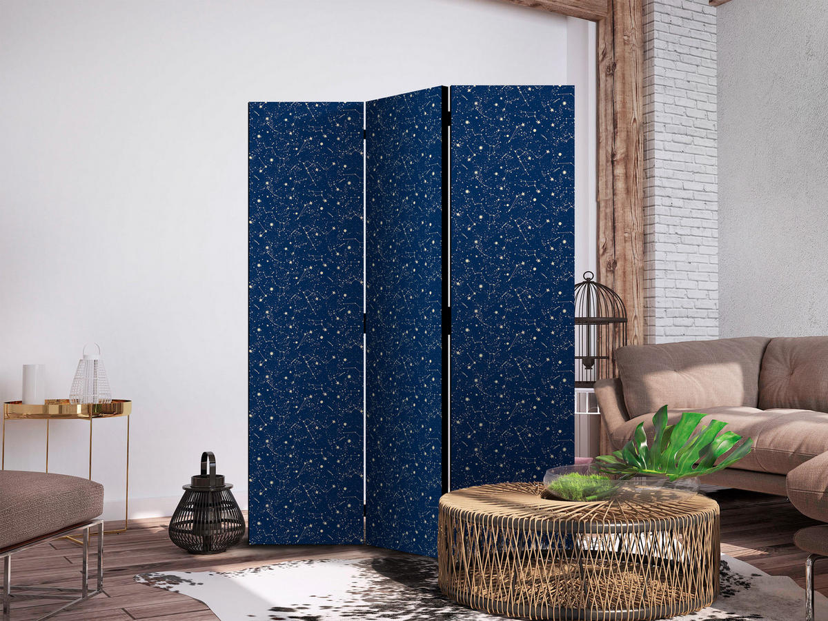 PARAVENT Einseitig Bedruckter 3-tlg 135x172 cm Sterne Weltraum Boho - Blau, Holz/Textil (135/172/3cm) - Muralo