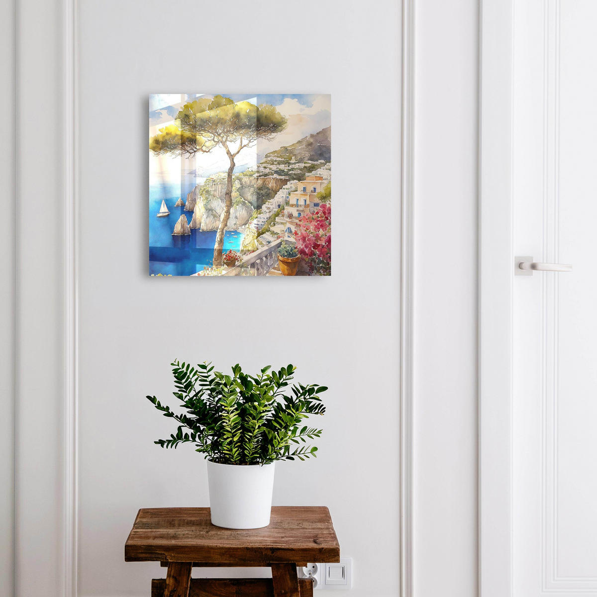SCHLÜSSELBOX Weiß 30x30 cm – Türöffnung nach rechts - Mediterrane Landschaft - Blau, Metall (30/30/5cm) - TULUP