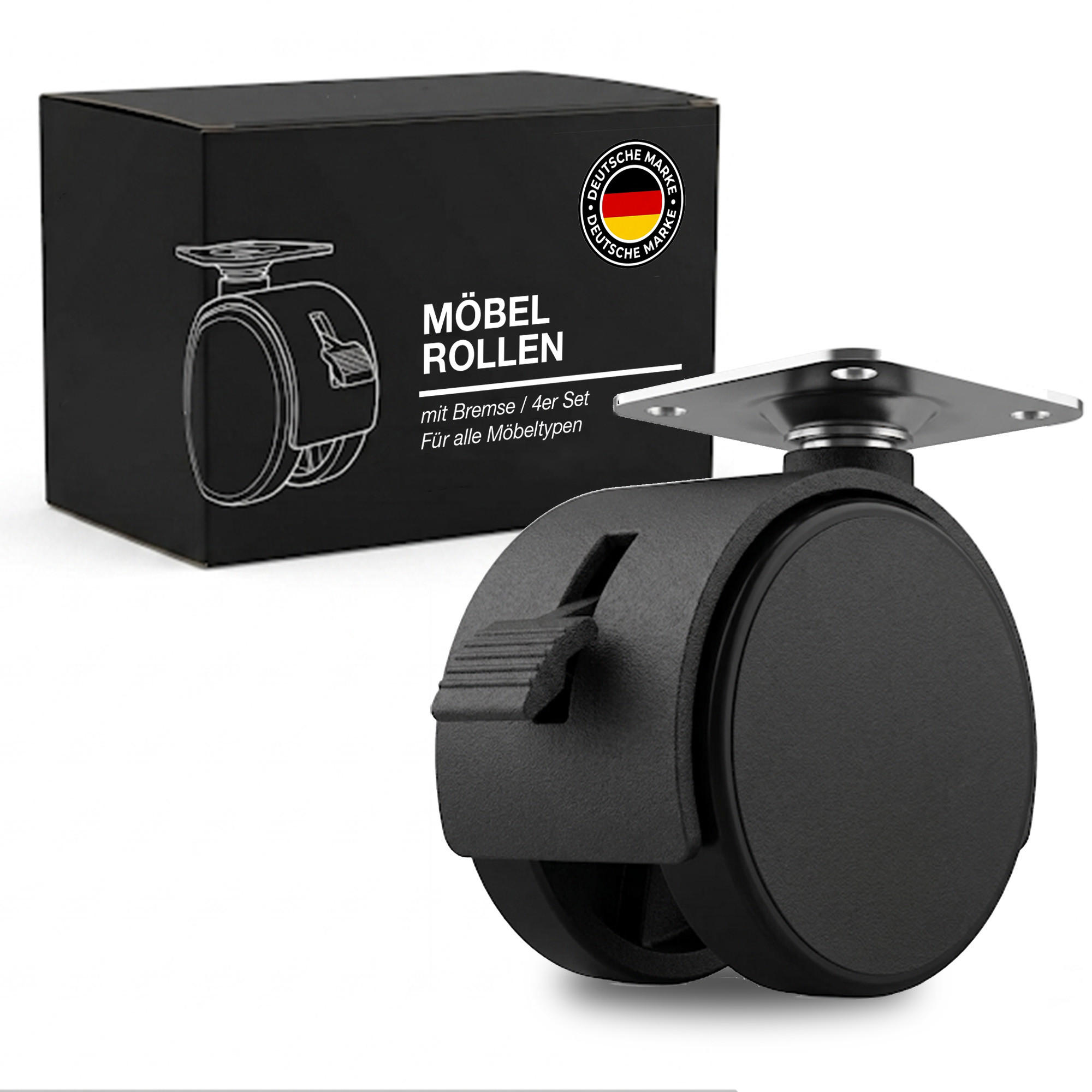 MÖBELROLLEN 40 mm 4er Set mit Bremse - Schwarz, Kunststoff (4/6/8cm) - K-Möbel