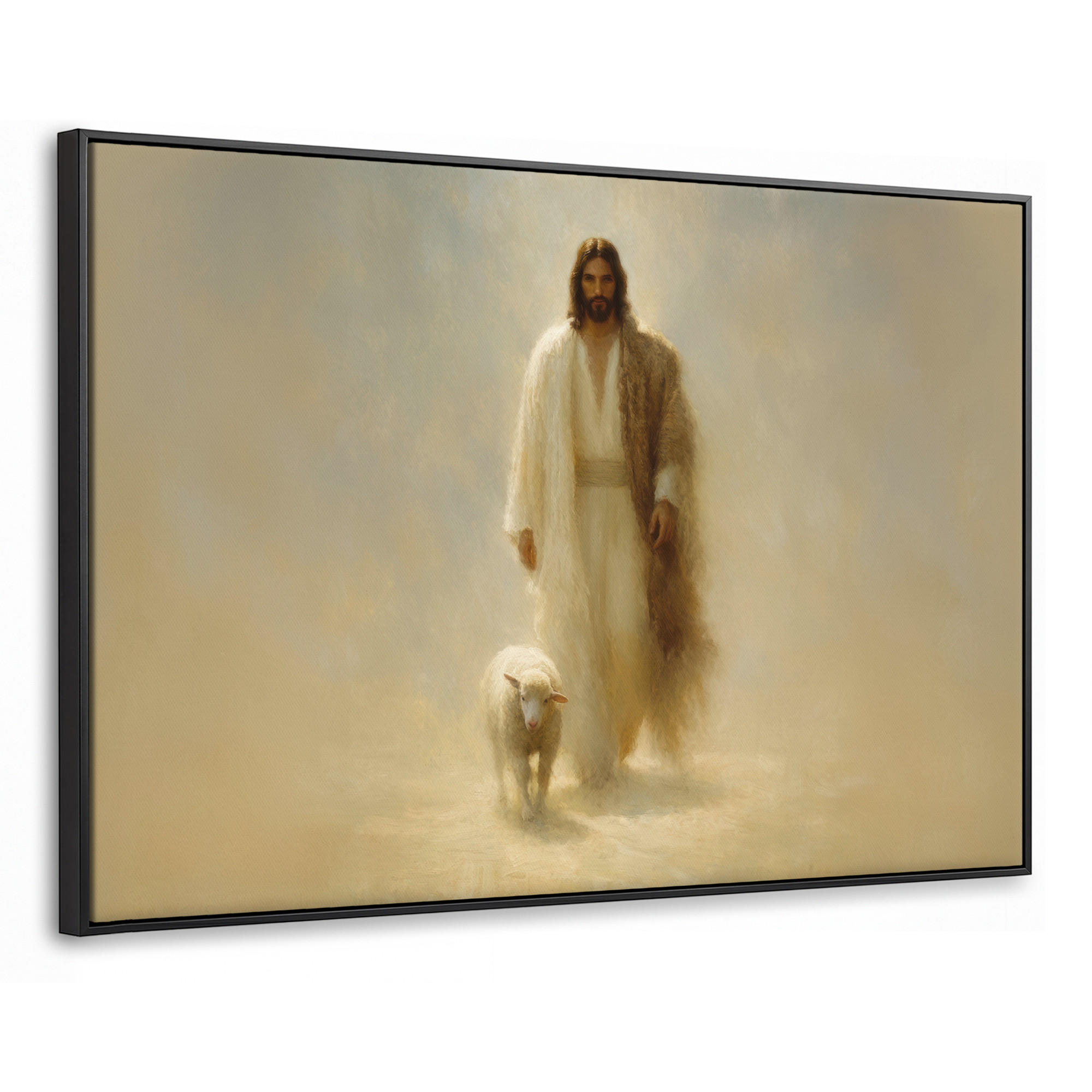 LEINWAND Bilder mit Rahmen - Schaf - Jesus - Pinselstriche - Abstrakt - 150x100 - Beige, Textil (150/100cm) - MuchoWow