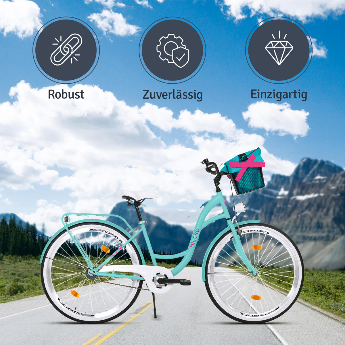 CITY-FAHRRAD Milord mit Metallkorb, 28 Zoll, Blau, 1-Gang - Blau, Metall (46cm) - Milordbikes