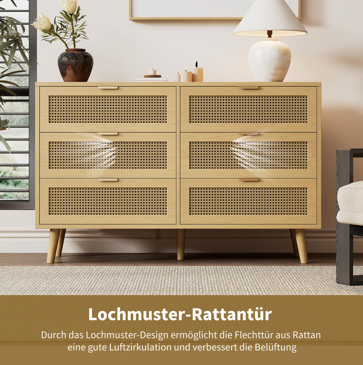 SIDEBOARD 120/40/76,5 cm in Walnuss mit 6 Schubladen und Rattan-Optik - Eichefarben, Holzwerkstoff (120/76.5/40cm) - Flora Grace