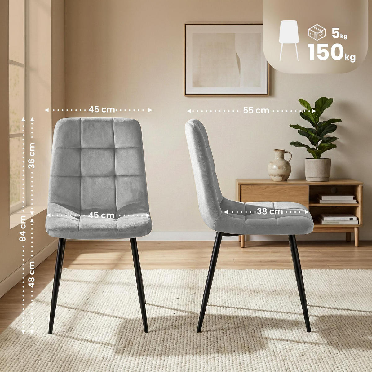 STUHL Samt Grau - Schwarz/Grau, Textil/Metall (45/84/55cm) - CLP