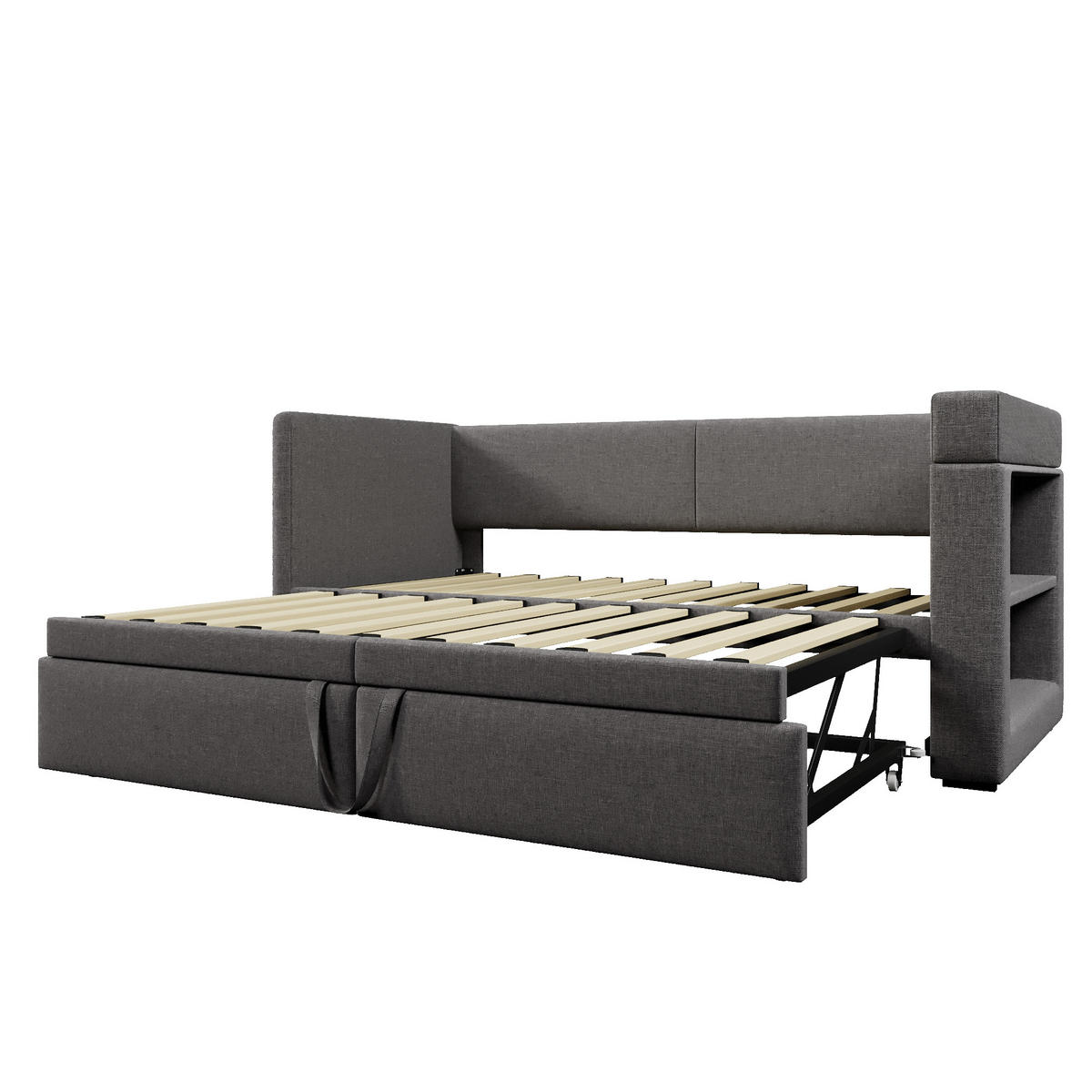 BETT 90/200 cm mit Ausziehbett, Armlehnen mit USB- & Type-C-Anschlüssen Getränkehalter Leinen-Mischgewebe Grau - Grau, Textil (90/200cm) - OKWISH