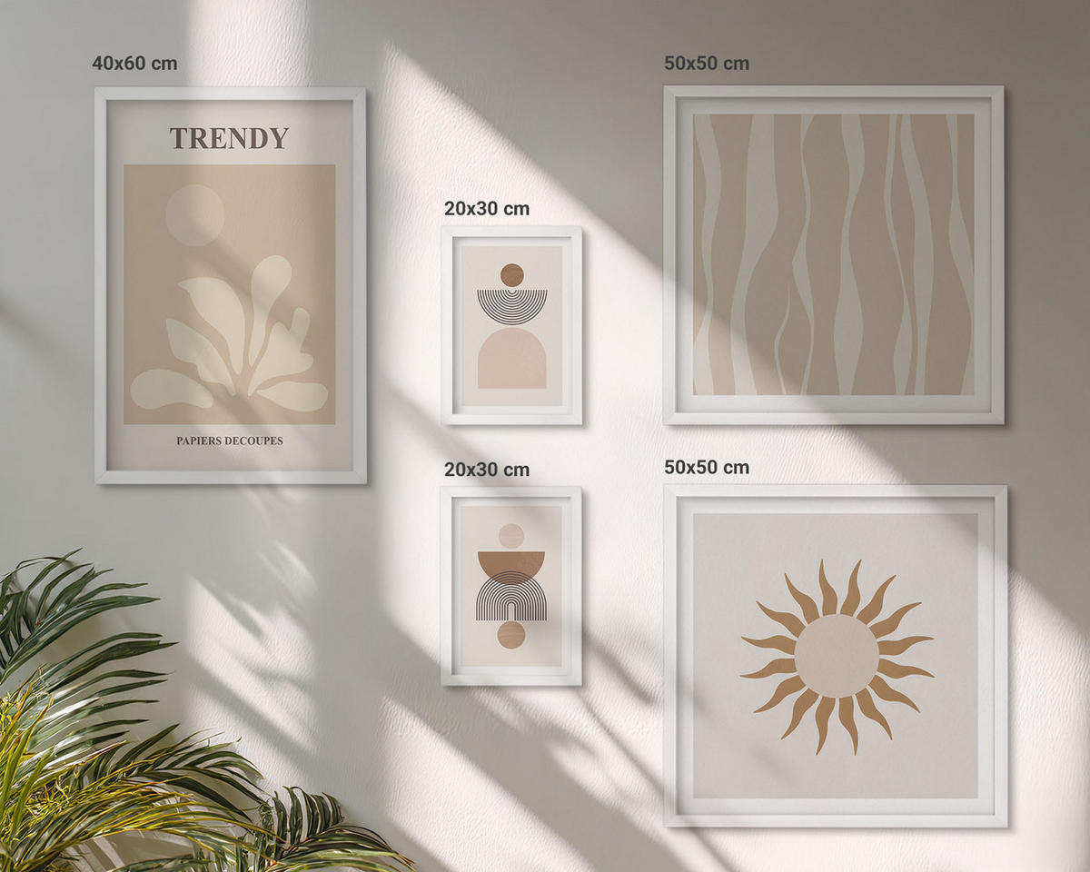 WANDBILDER 5er-Set - 50x50 cm & 20x30 cm & 40x60 cm Weißer Rahmen - Stilvolle abstrakte Beigetöne - Weiß, Kunststoff (40/60cm) - ArtPrintCave
