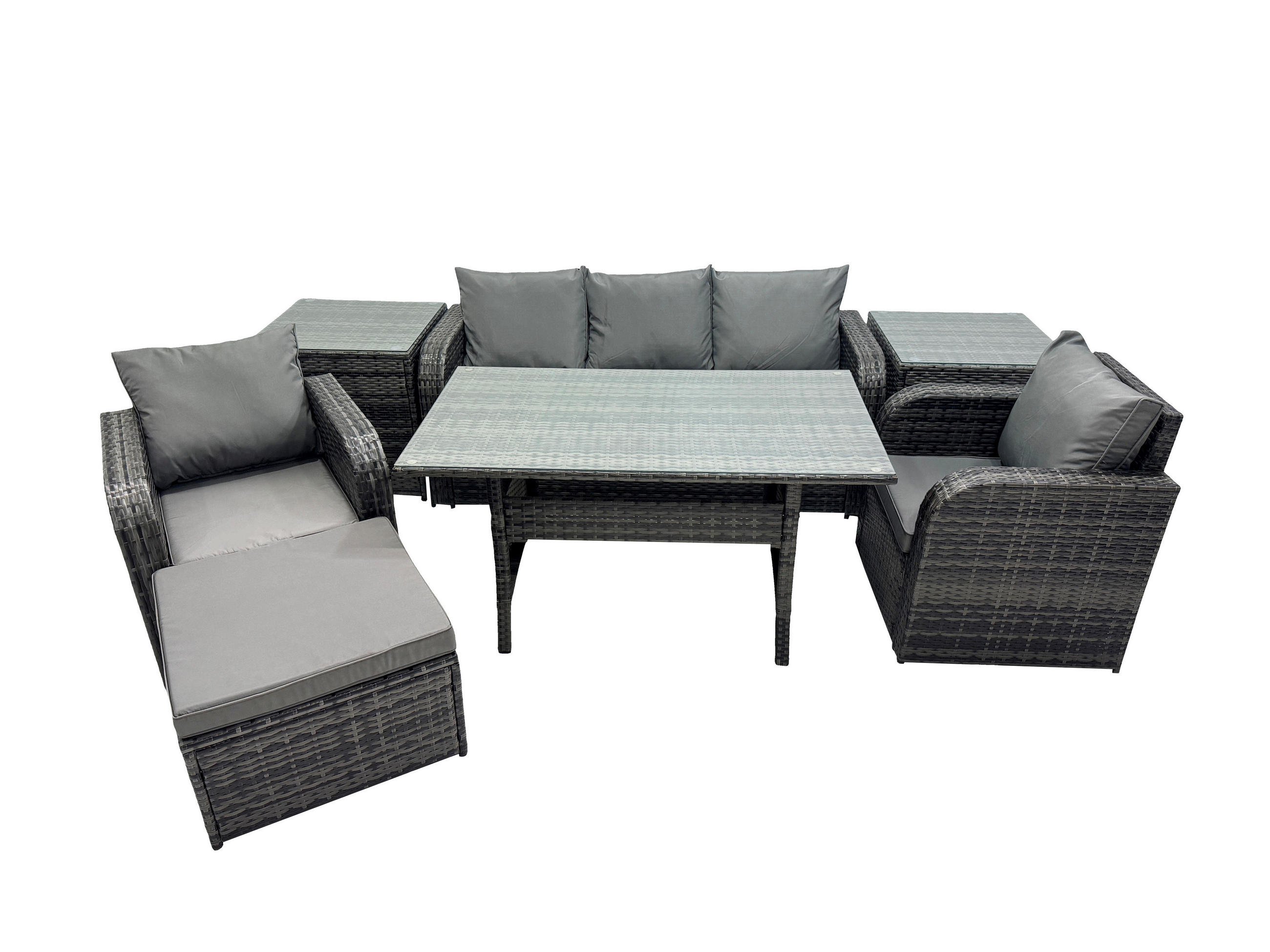 GARTENSET mit 3-Sitzer-Sofa,Beistelltischen,Esstisch Polyrattan 6-Sitzer - Dunkelgrau/Grau, Glas/Kunststoff - Fimous