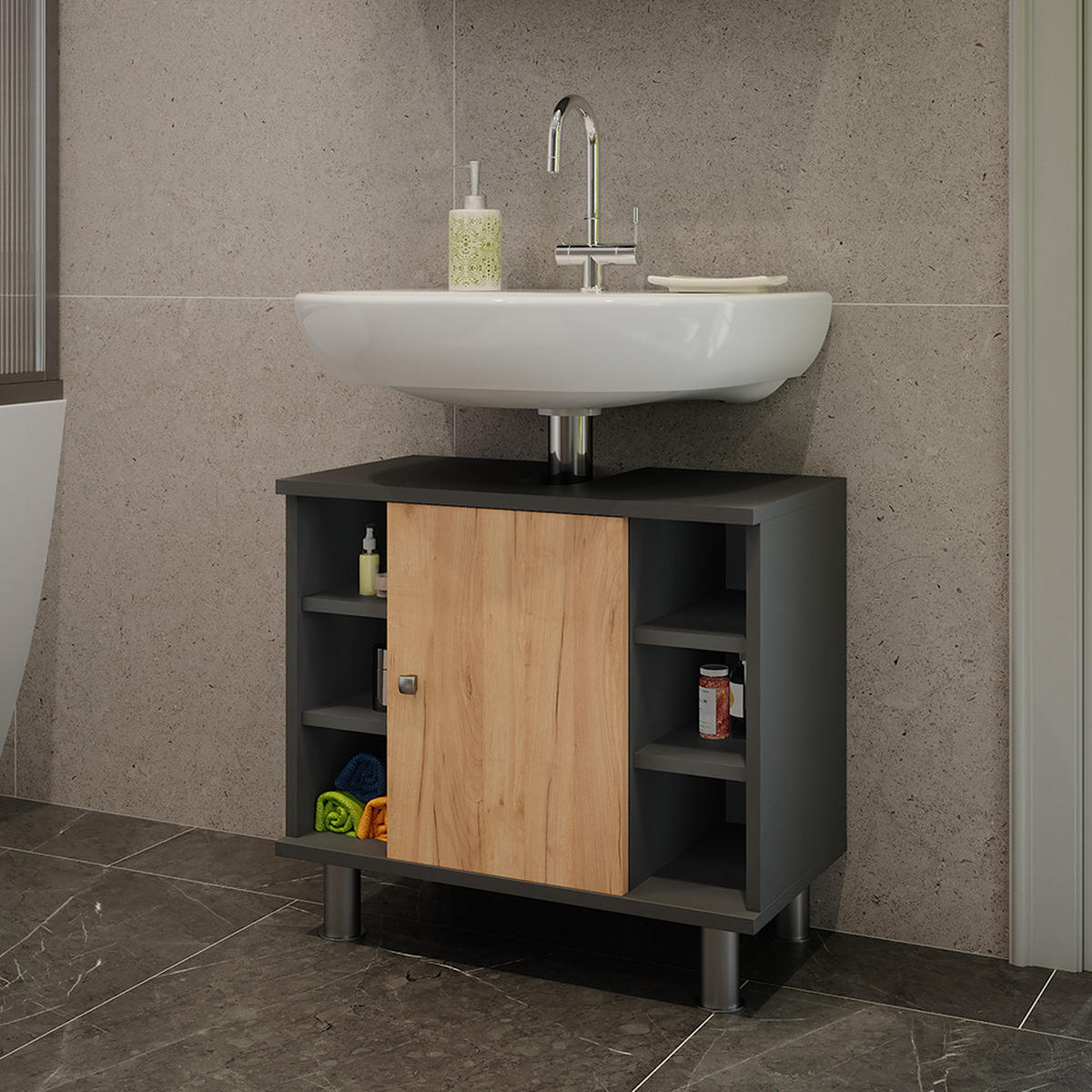 WASCHBECKENUNTERSCHRANK Fynn Anthrazit/Goldkraft Eiche 60 x 54 cm mit 6 Ablage - Honigeiche/Anthrazit, Holzwerkstoff (60/54/32cm) - Vicco