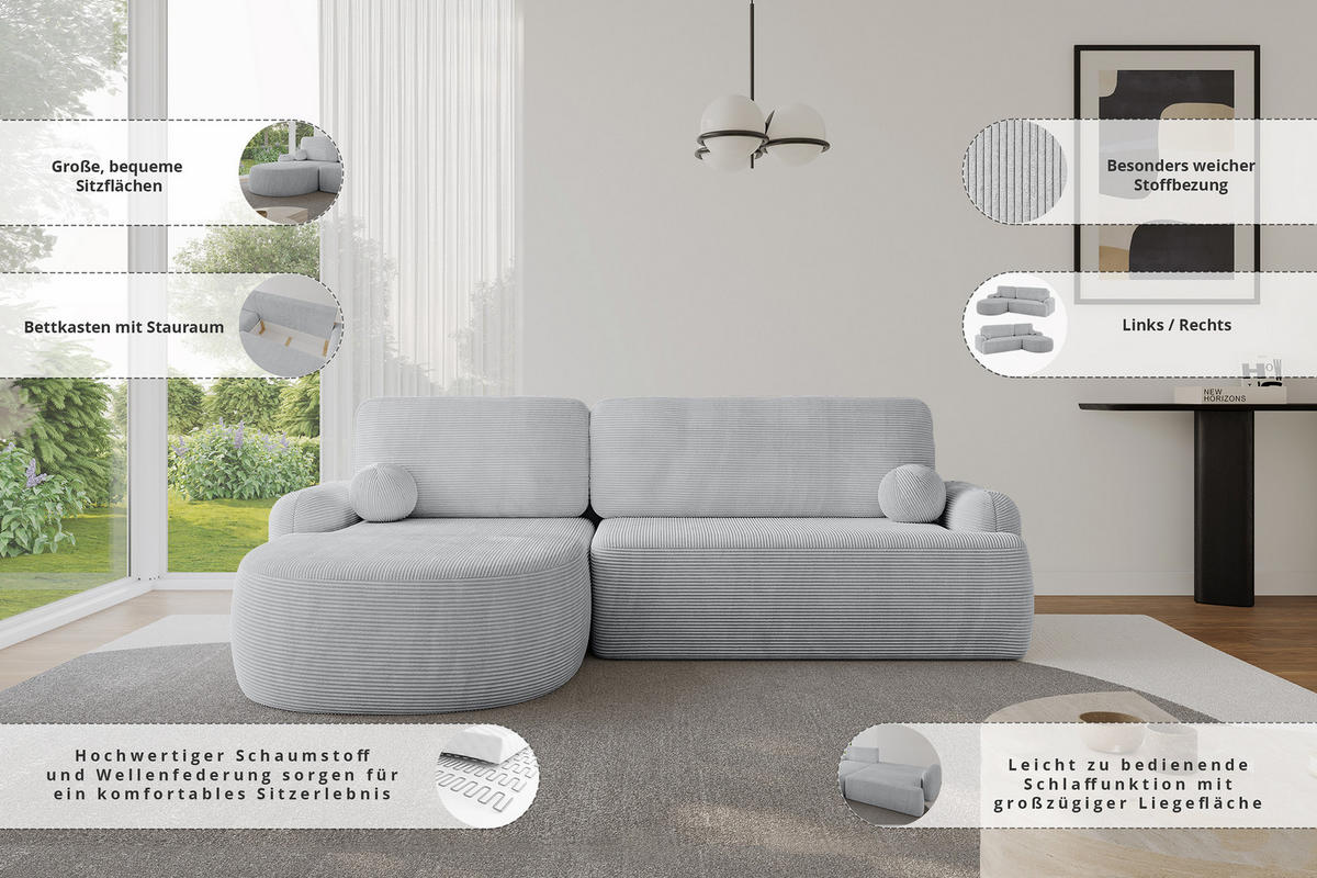 WOHNLANDSCHAFT mit Schlaffunktion und Bettkasten LIRA-L - 264x172x89 Grün - Grün, Holzwerkstoff/Textil (264/172cm) - ALTDECOR