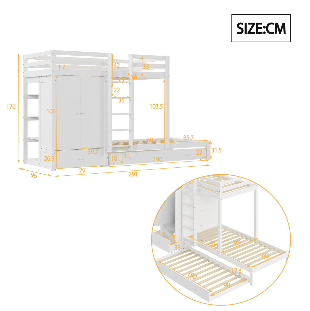 ETAGENBETT 90/200 cm, Weiß mit Ausziehbett und Stauraum ohne Matratze - Weiß, Holz (90/200cm) - MIVRAY