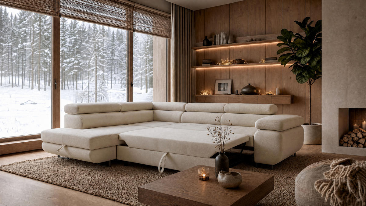 ECKSOFA Velmo mit Bettkasten und Schlaffunktion, verstellbaren Kopfstützen, in L-Form - Beige, Textil (275/203cm)