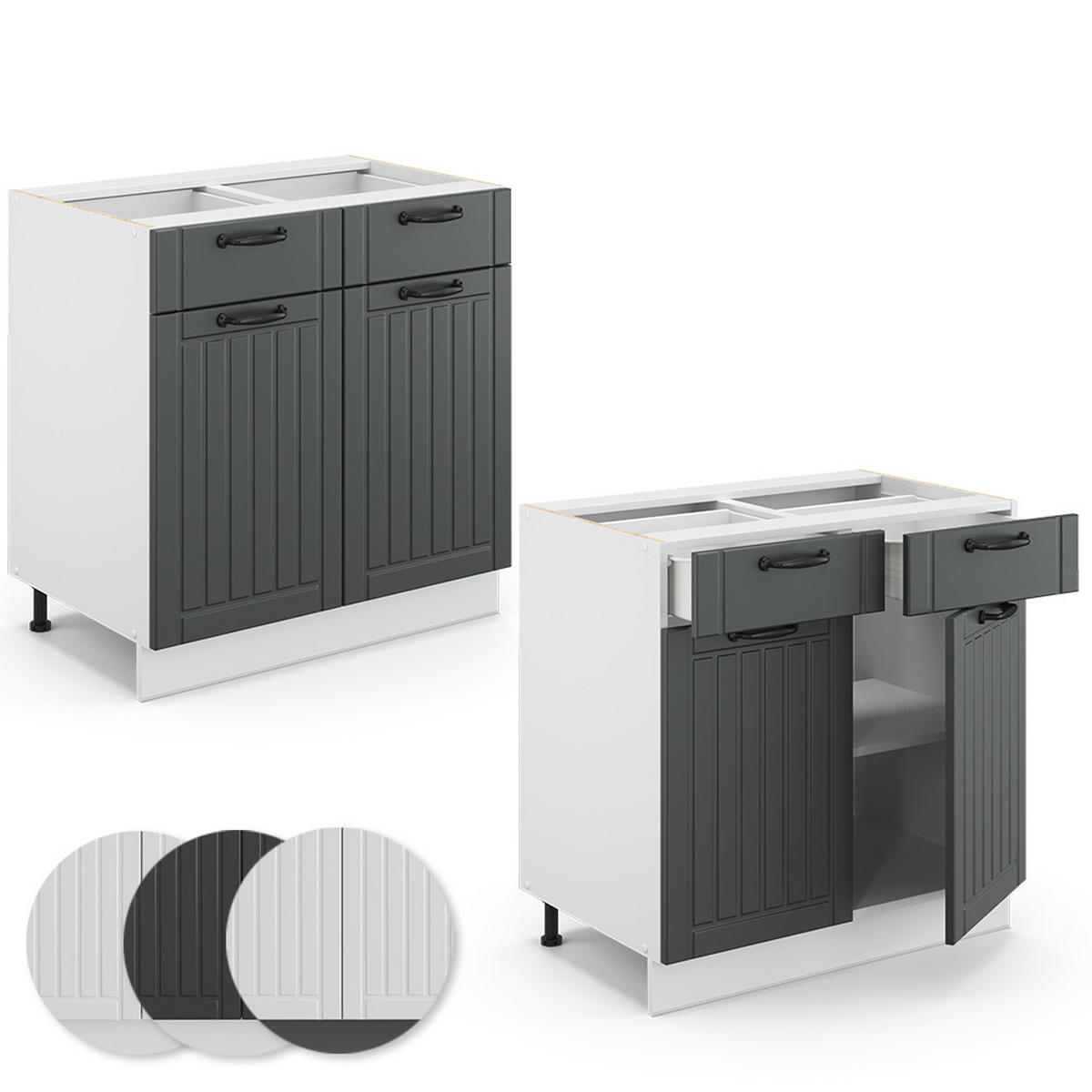 KÜCHENUNTERSCHRANK Fame-Line Anthrazit Landhaus 80 cm, AP Marmor - Anthrazit/Weiß, Holzwerkstoff (80/82/60cm) - Vicco