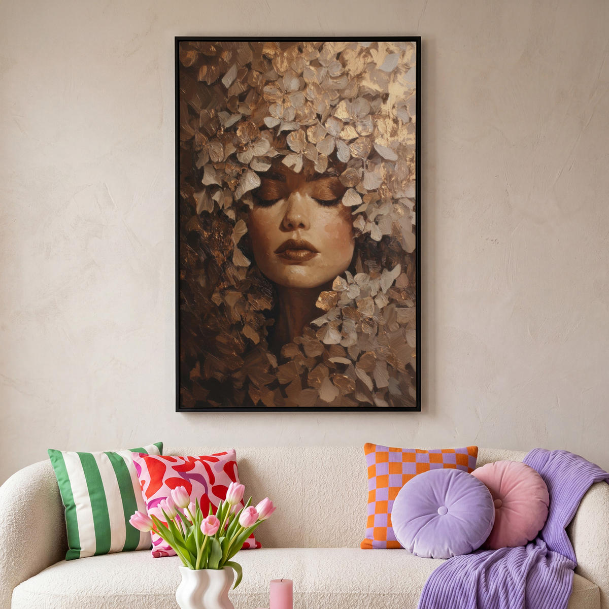 LEINWAND Bilder mit Rahmen - Gesicht - Dame - Blätter - Pinselstriche - 90x140 - Goldfarben, Textil (90/140cm) - MuchoWow
