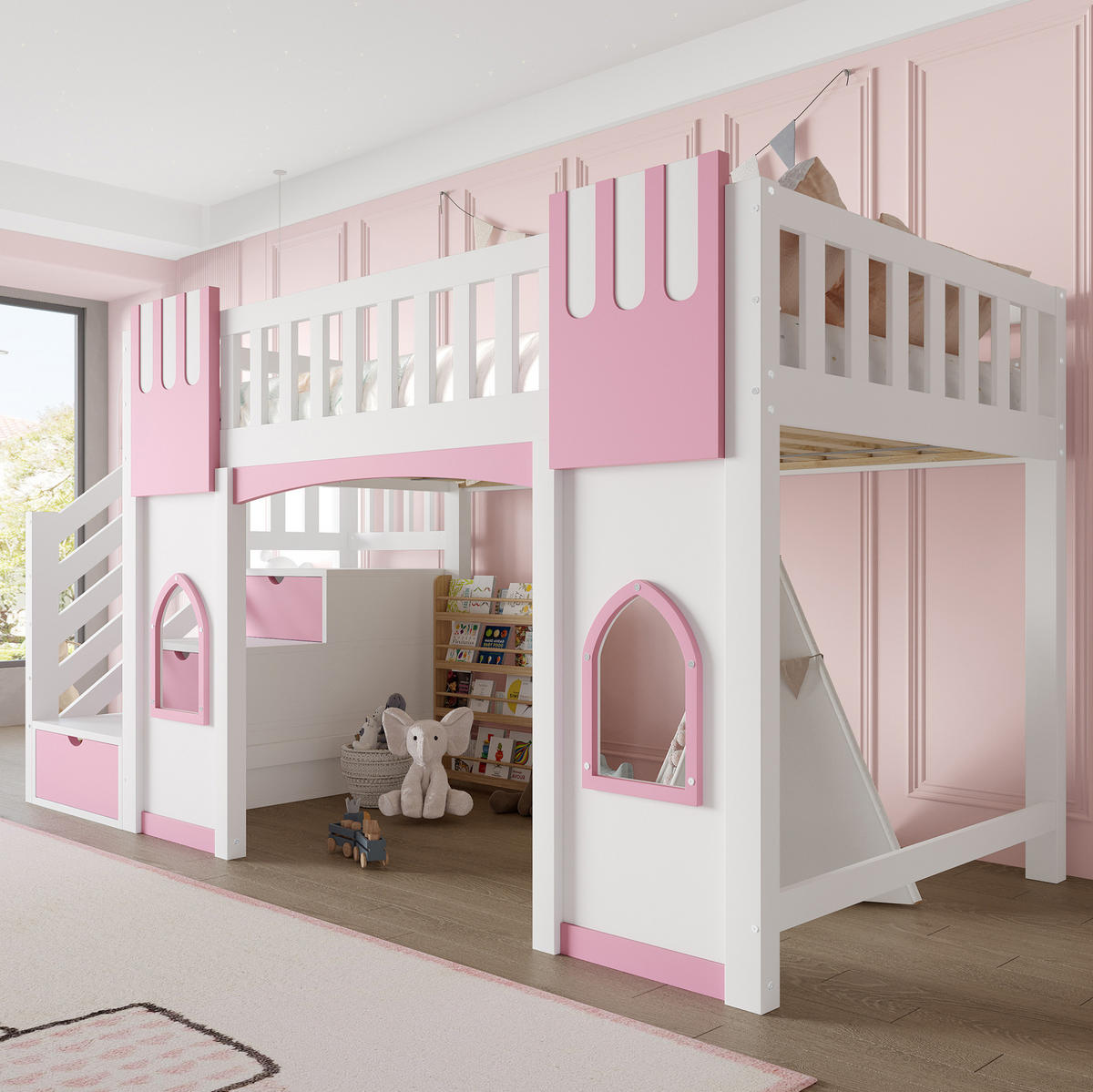 HOCHBETT 90/200 cm, Weiß/Rosa mit Stauraumtreppe und 2 Fenstern - Weiß, Holz (90/200cm) - MIVRAY