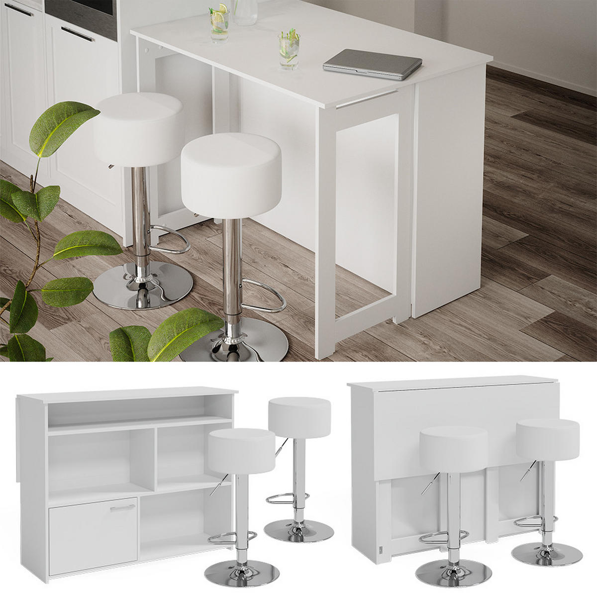 BARTISCH-SET Dominic Weiß 116 x 37 cm mit 2 Barhockern - Weiß, Holzwerkstoff (116/90.5/37cm) - Vicco